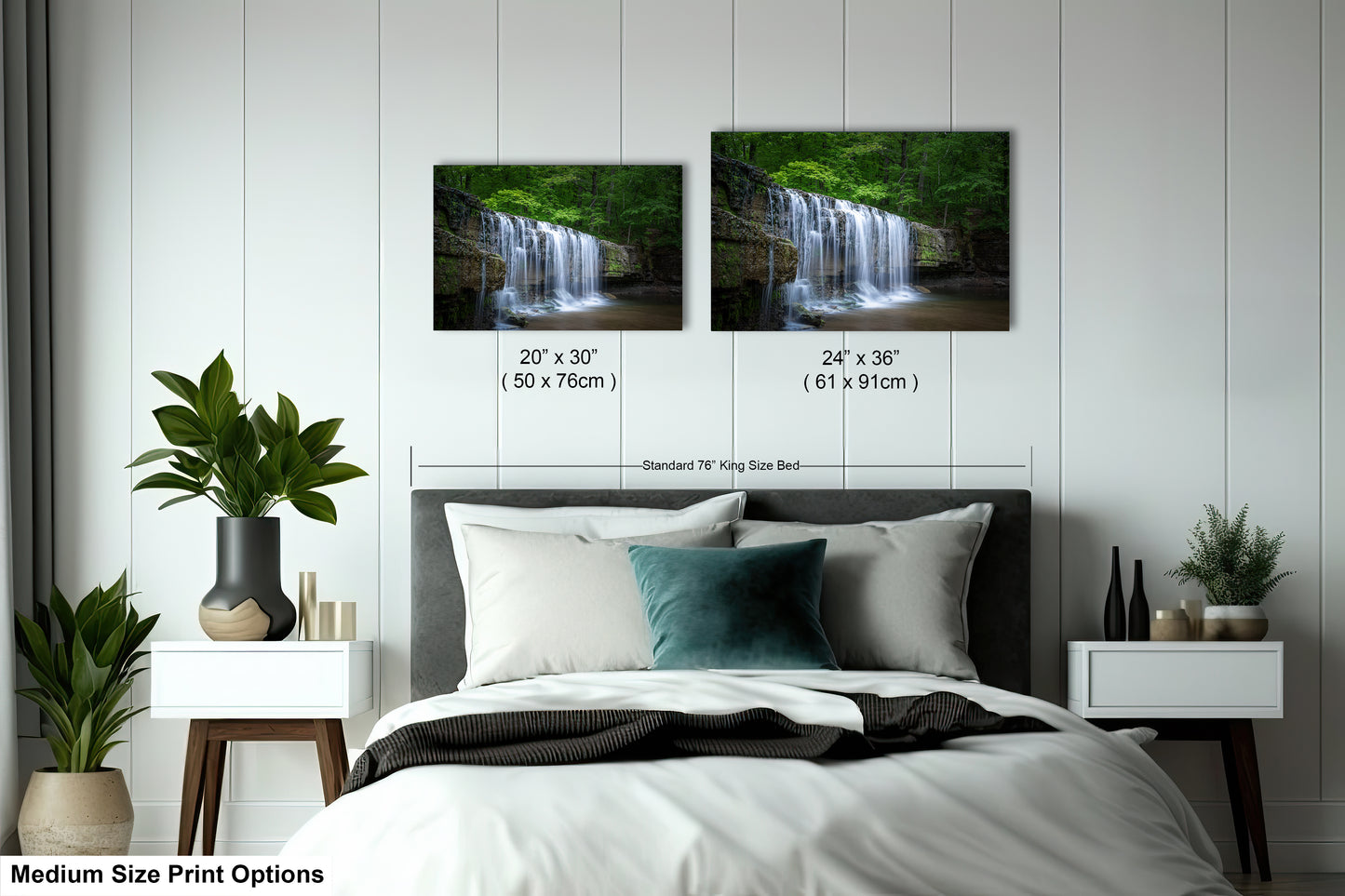 a bedroom with a bed and two pictures on the wall