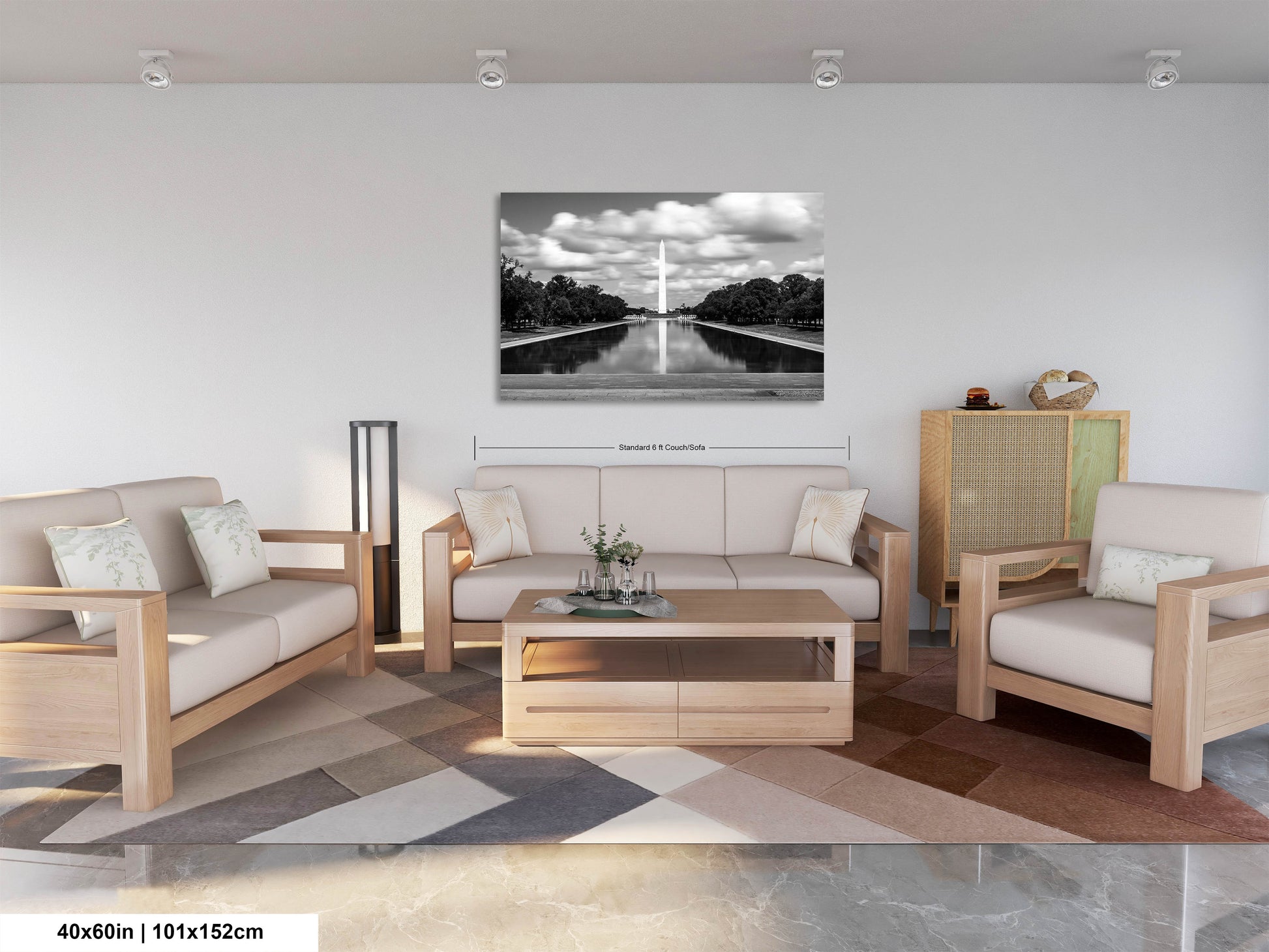 a living room filled with furniture and a painting on the wall