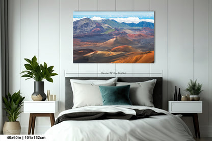 a bedroom with a large bed, nightstands, and potted plants. Above the bed, there is a framed landscape photograph of a mountainous, desert-like scene with a blue sky and clouds.