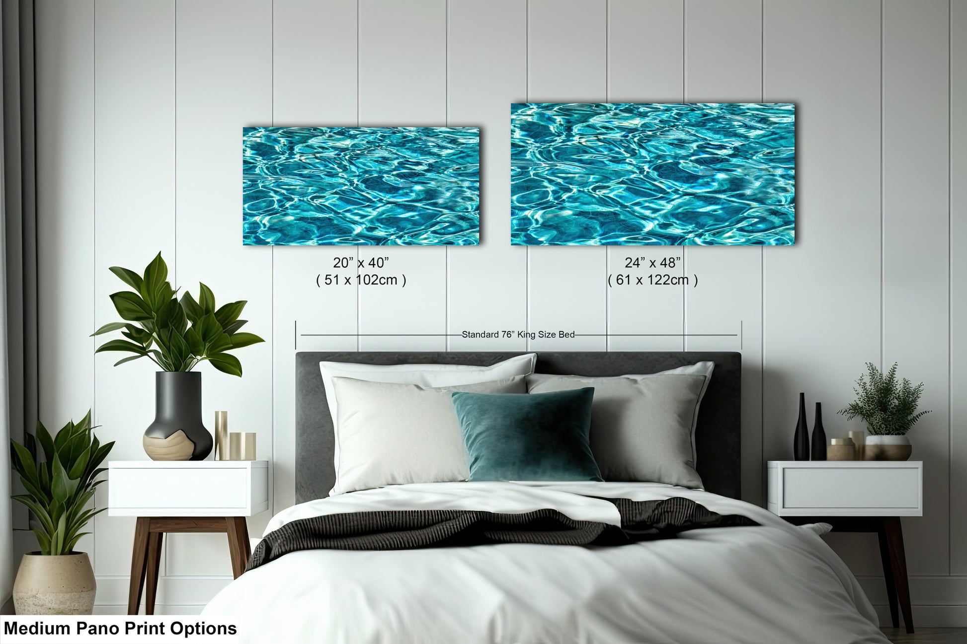 a bedroom with a bed, nightstands, and a large painting of water on the wall above the bed.