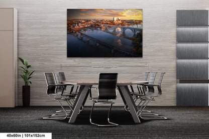 a painting of a bridge over a river