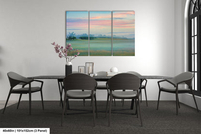 a dining room table with four chairs and a painting on the wall