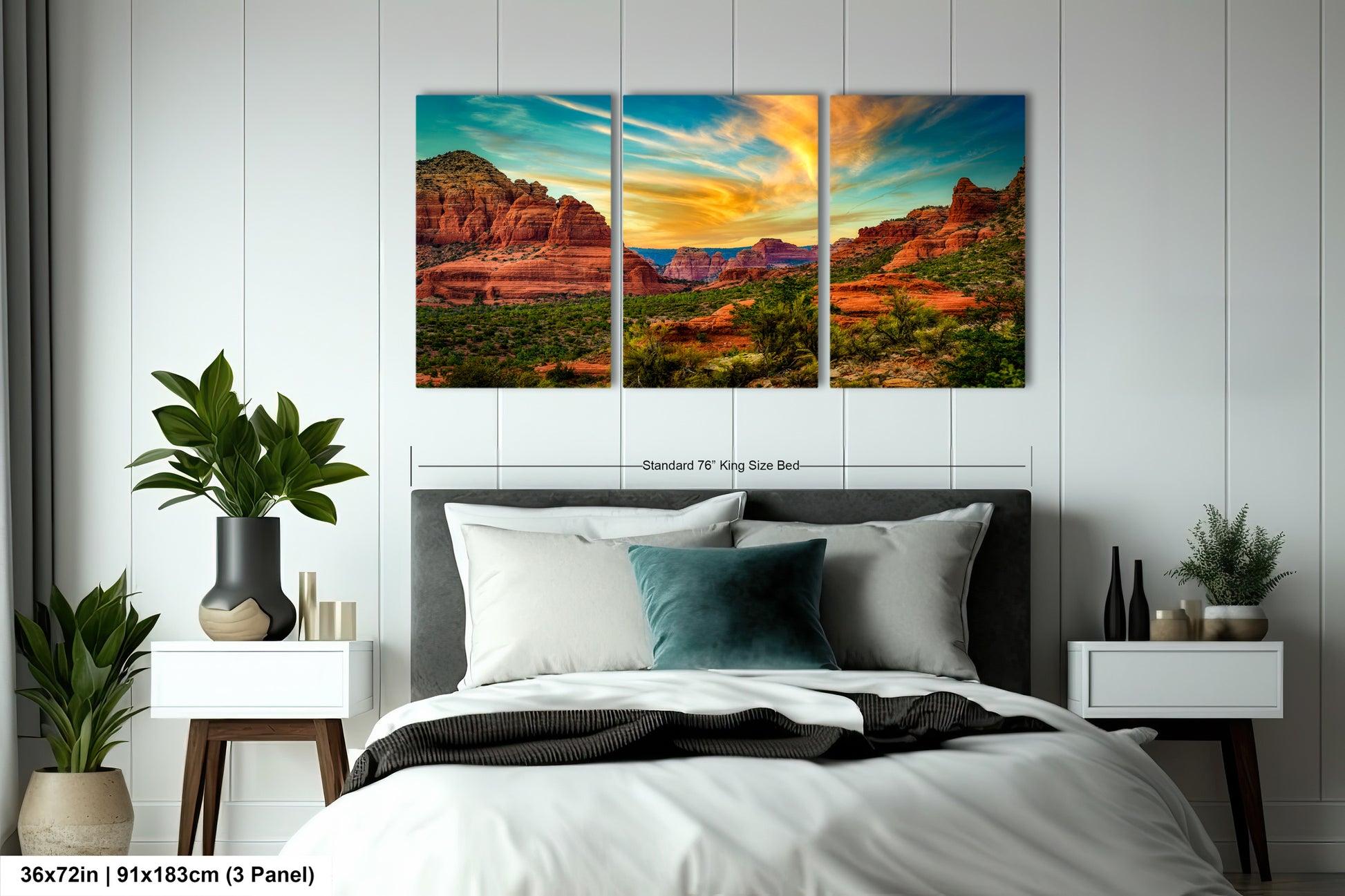 a bed room with a neatly made bed and a painting on the wall