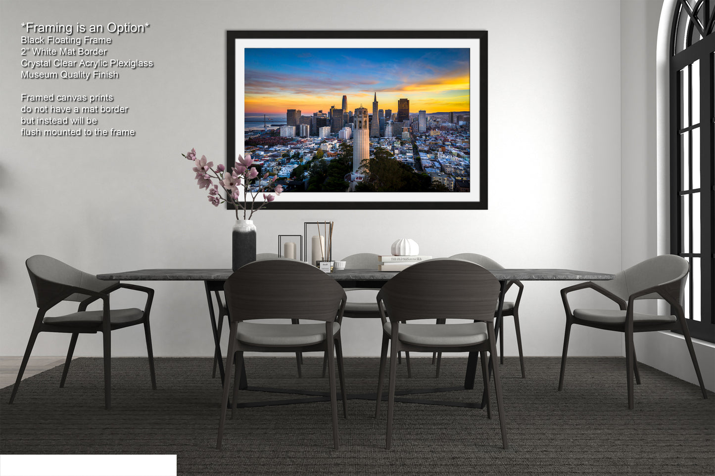 a dining room with a picture of a city in the background