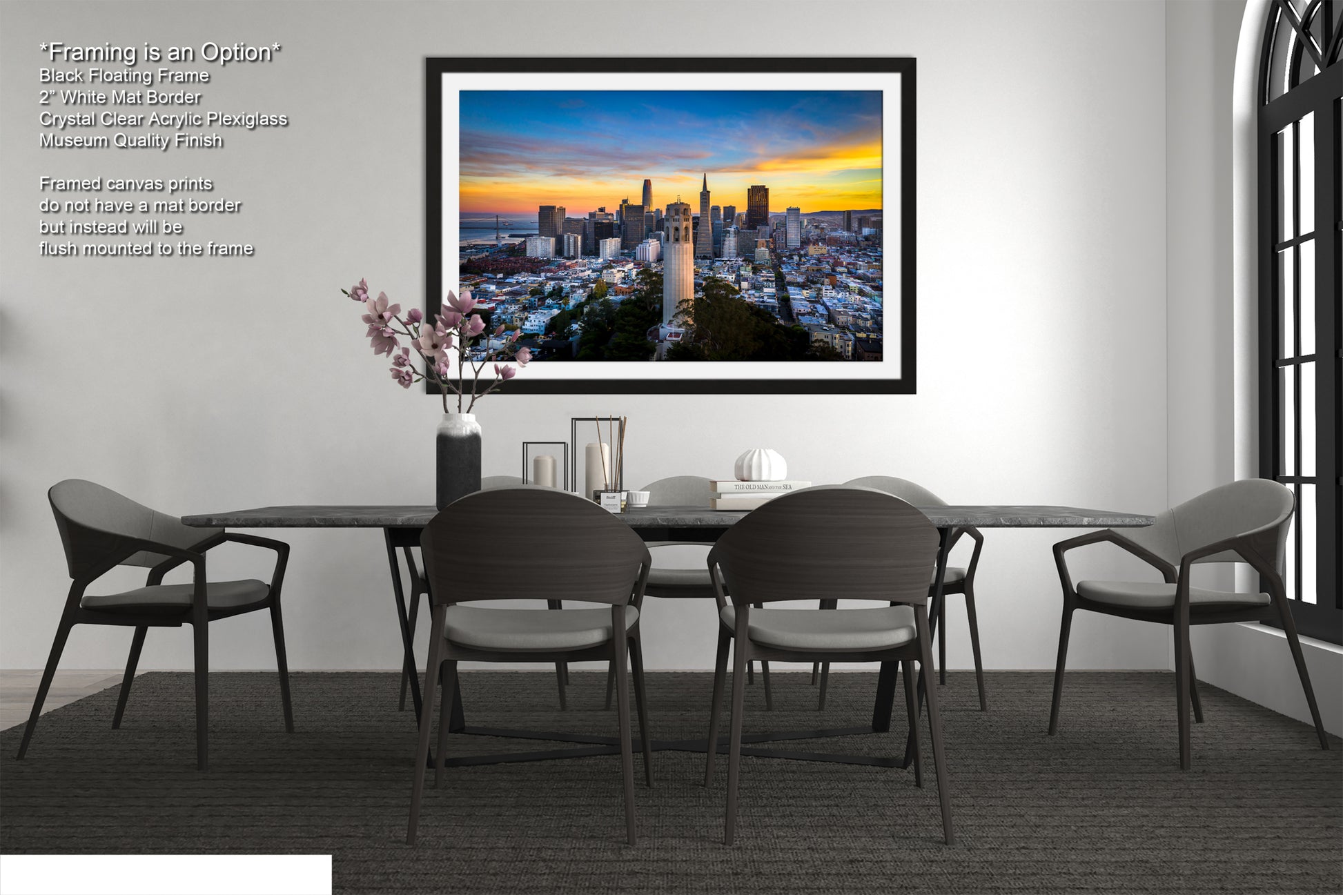 a dining room with a picture of a city in the background