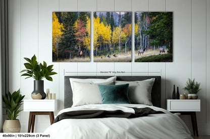 a bedroom with a bed and two paintings on the wall