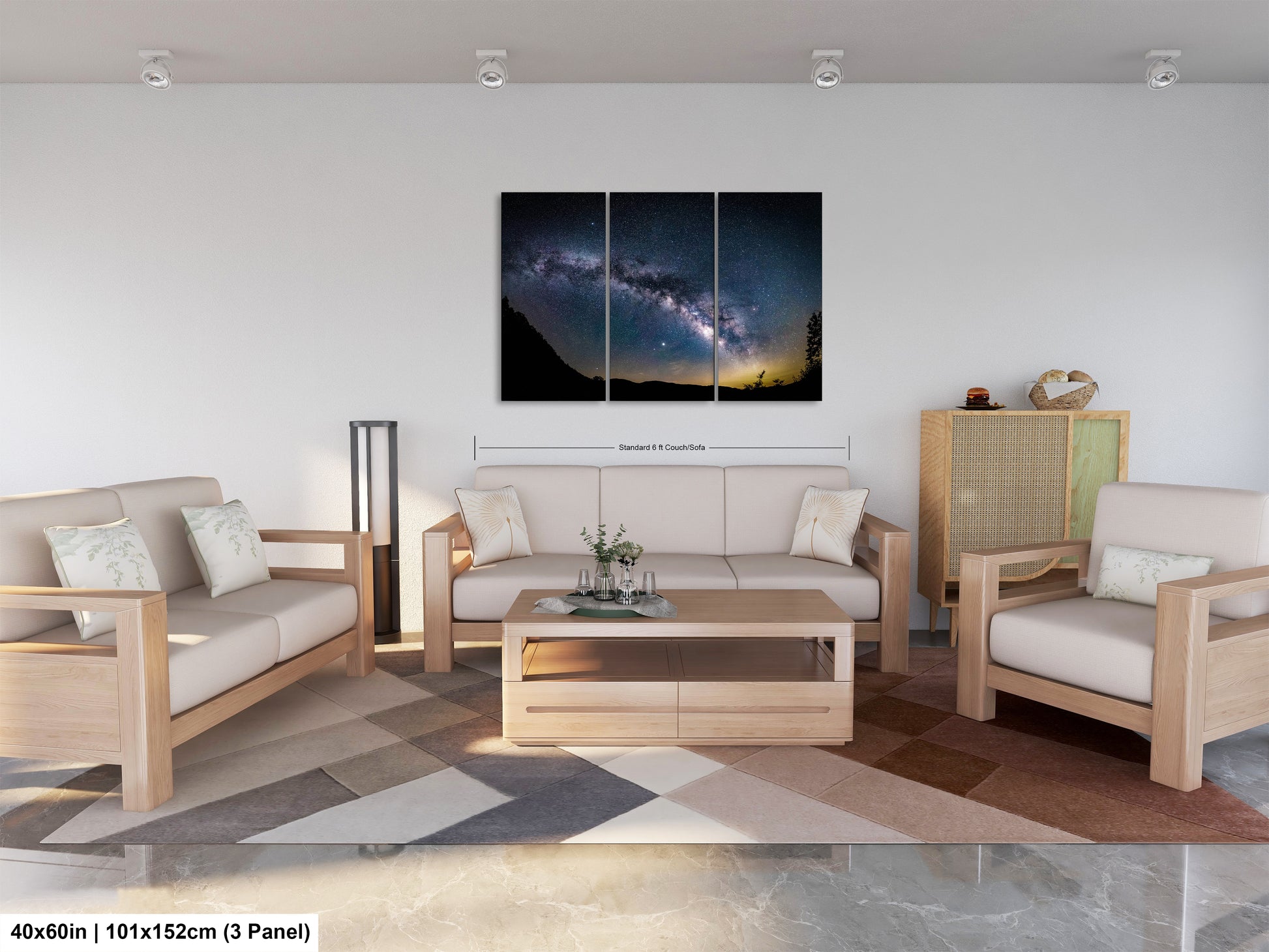 a living room filled with furniture and a painting on the wall