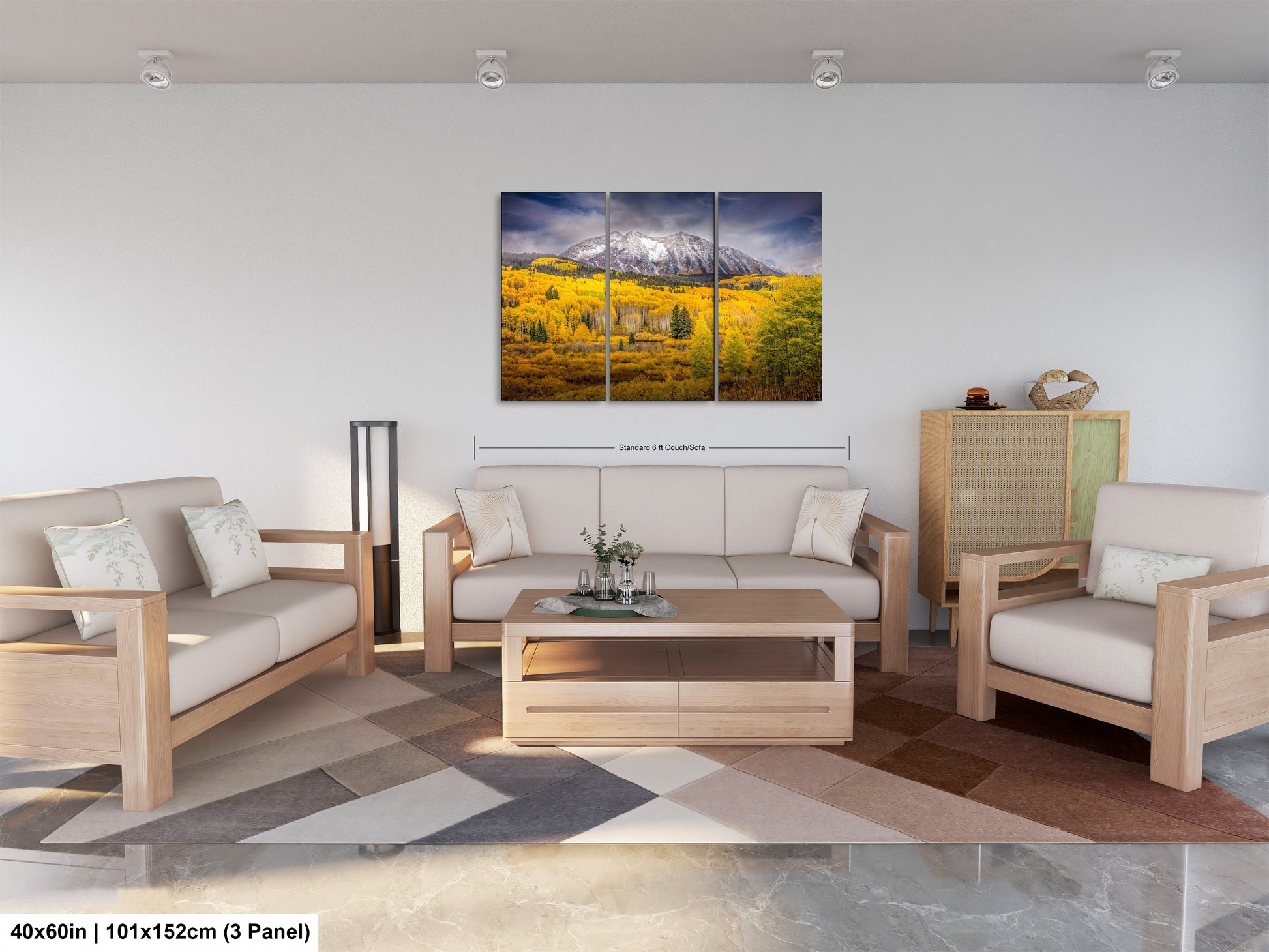 a living room filled with furniture and a painting on the wall