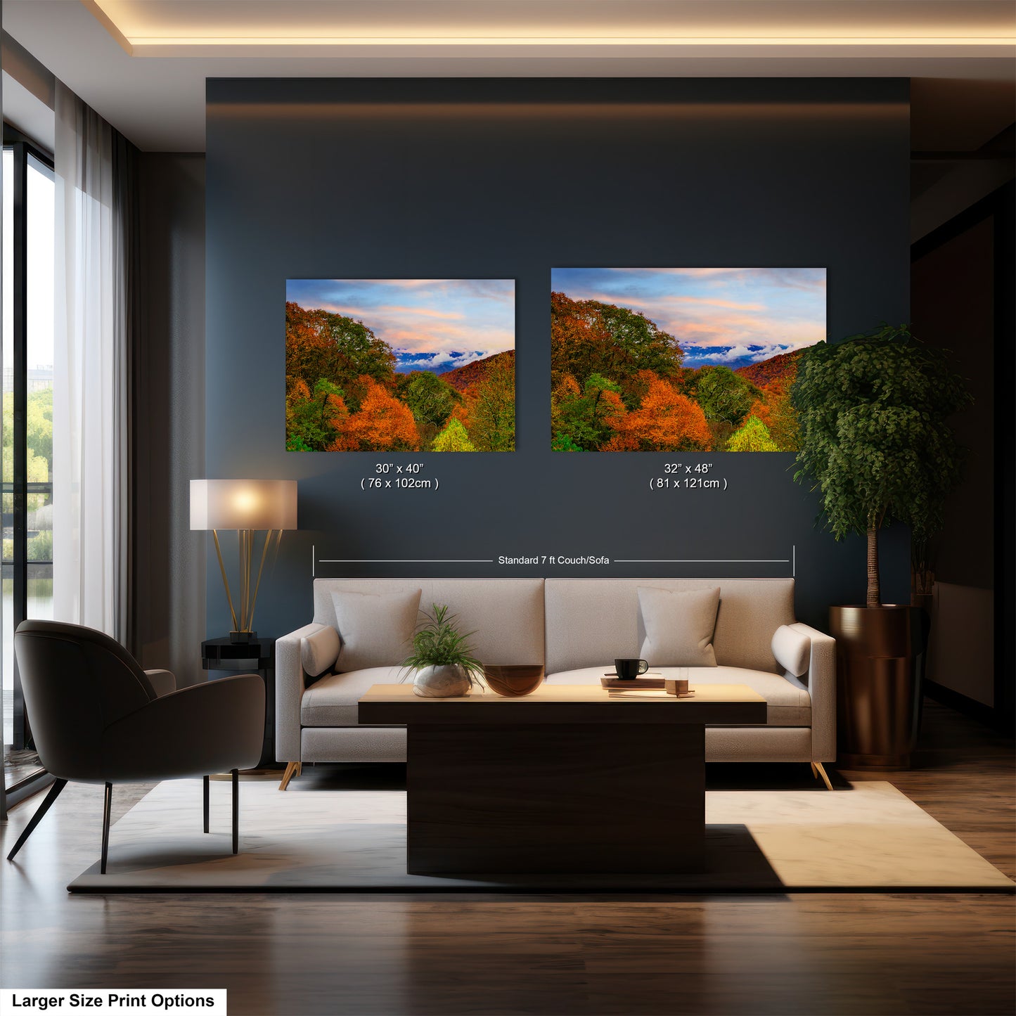 a living room filled with furniture and a painting on the wall