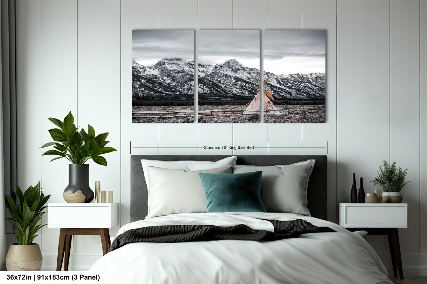 a bedroom scene with a bed and two paintings on the wall