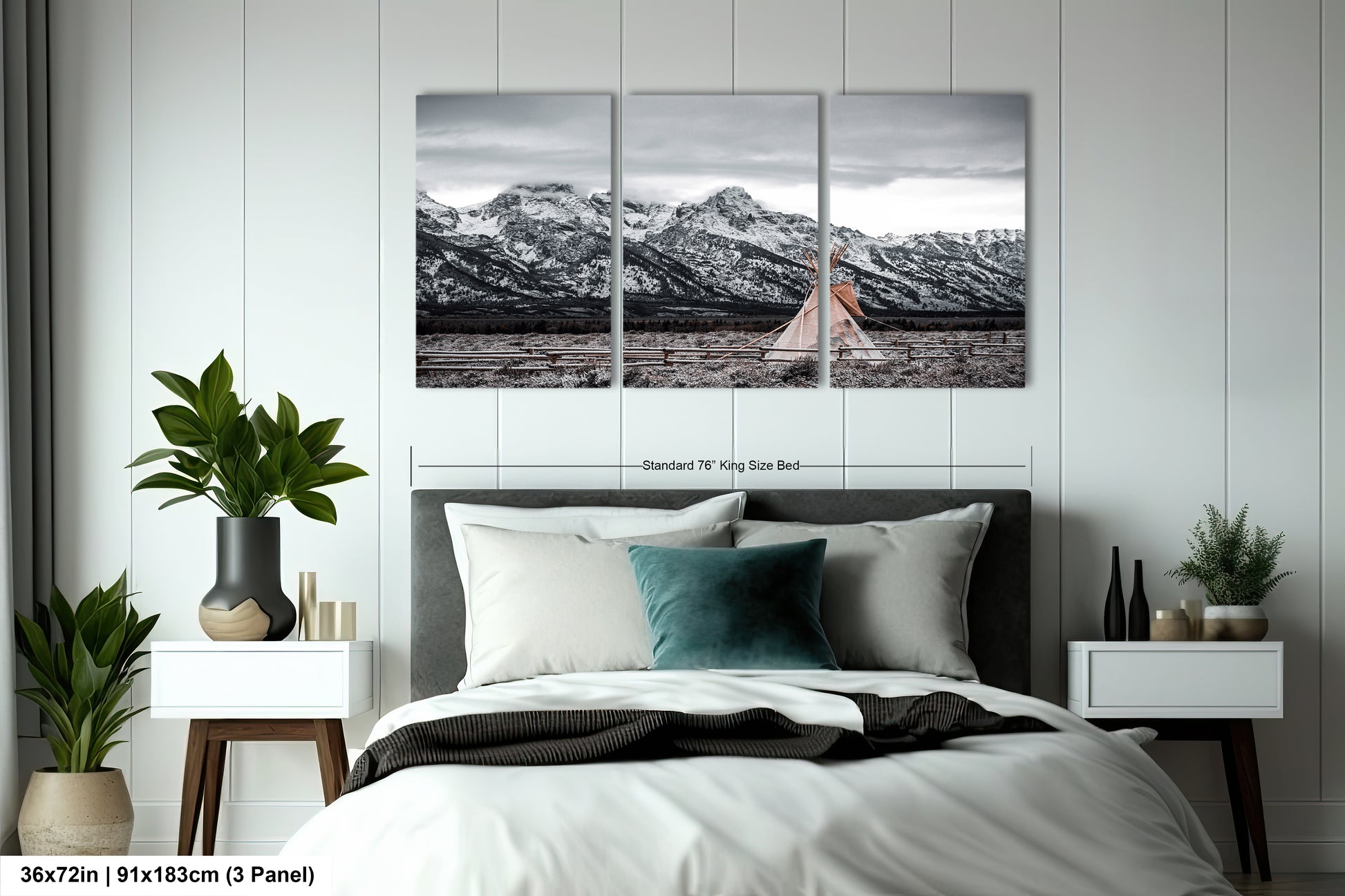 a bedroom scene with a bed and two paintings on the wall