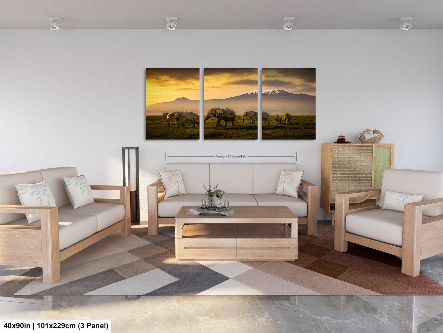 a living room filled with furniture and a painting on the wall