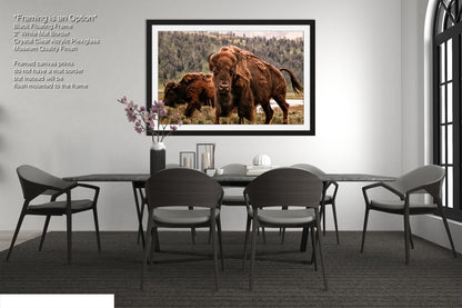a dining room table with chairs and a picture of a bison on the wall
