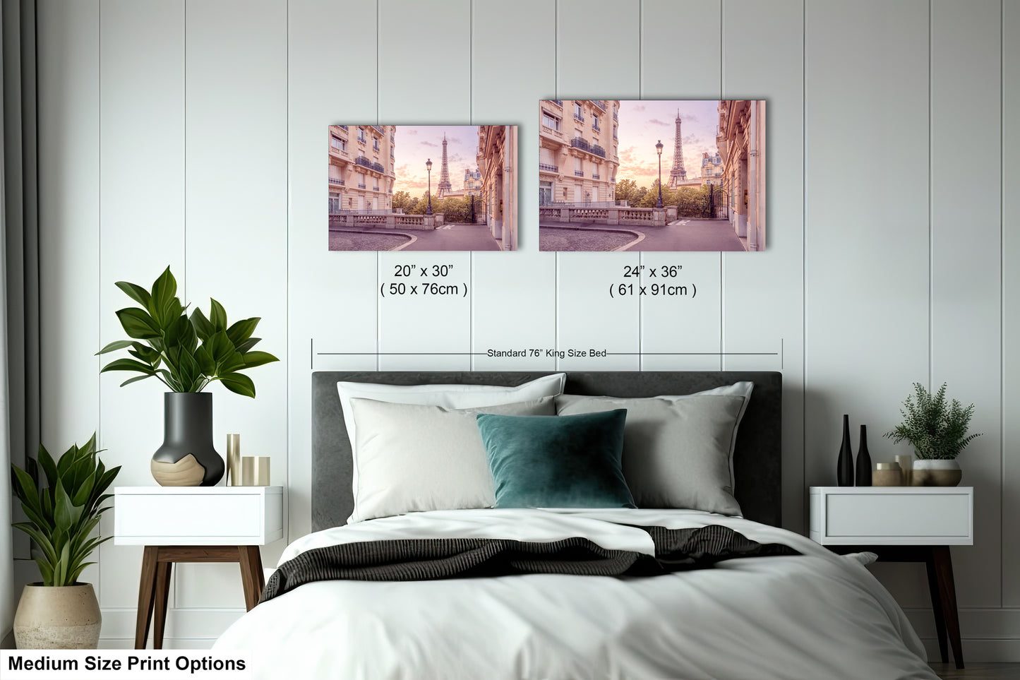 a bed room with a neatly made bed and two pictures on the wall