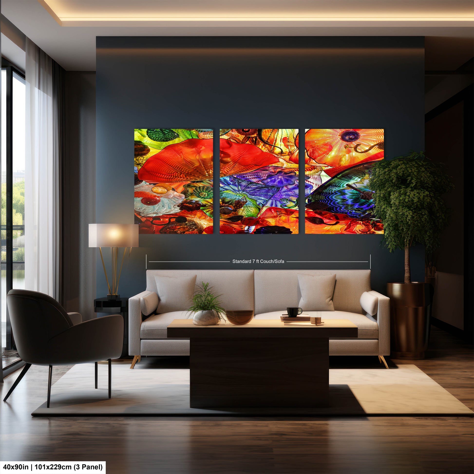 a living room filled with furniture and a painting on the wall