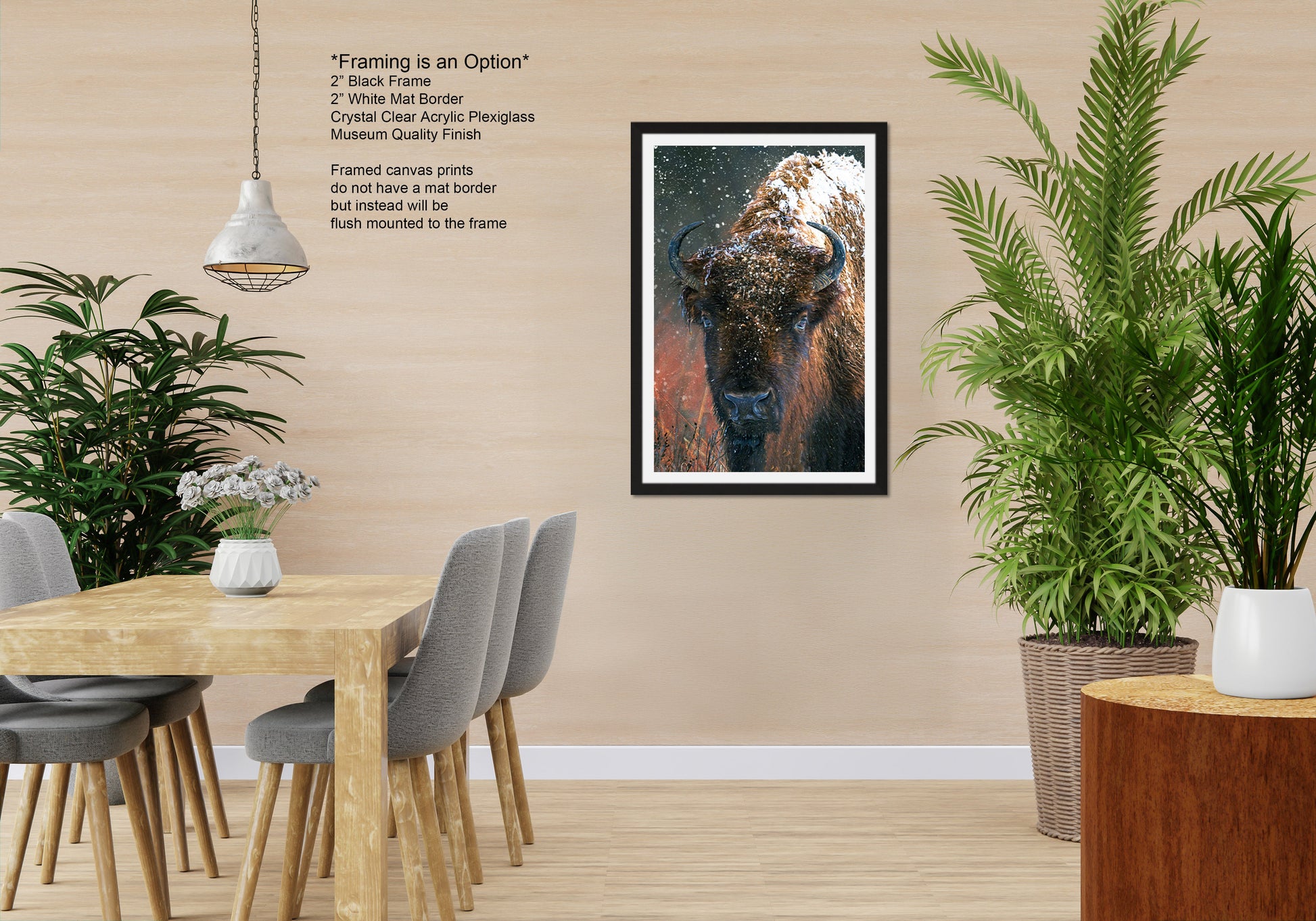 a room with a table and chairs and a picture hanging on the wall