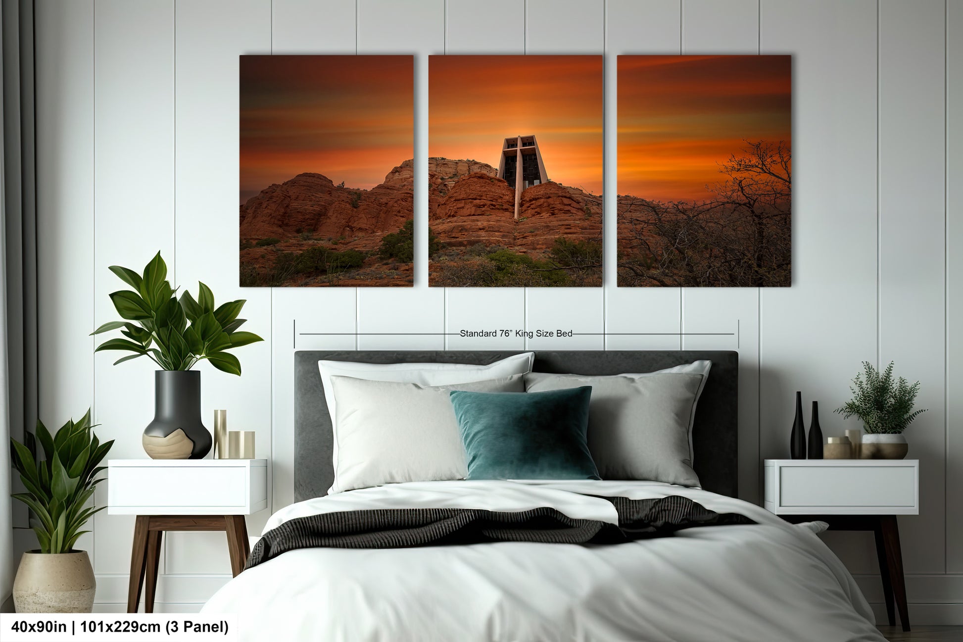 a bedroom scene with a bed and two paintings on the wall