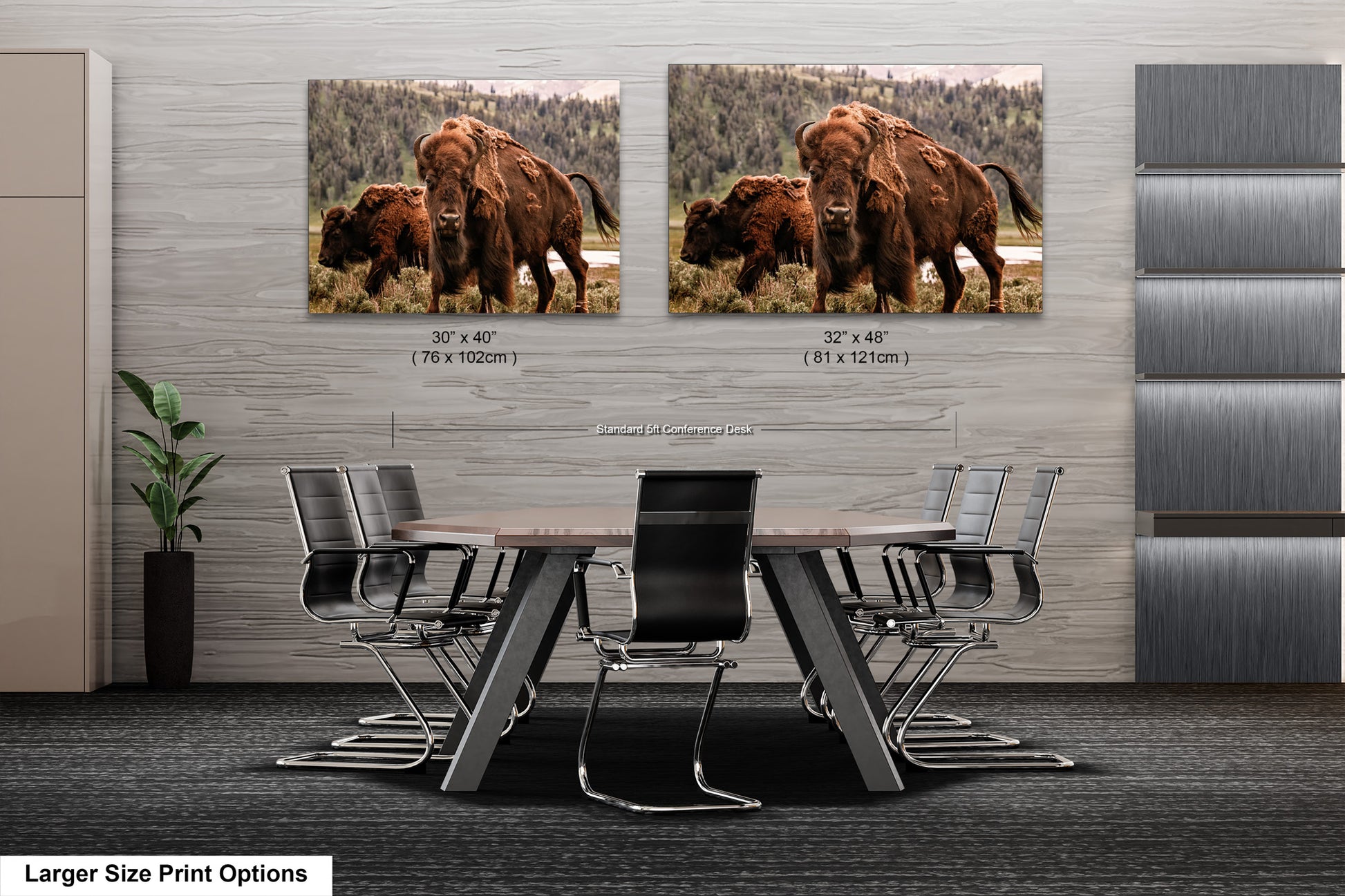 a dining room table with chairs and two pictures of a bison