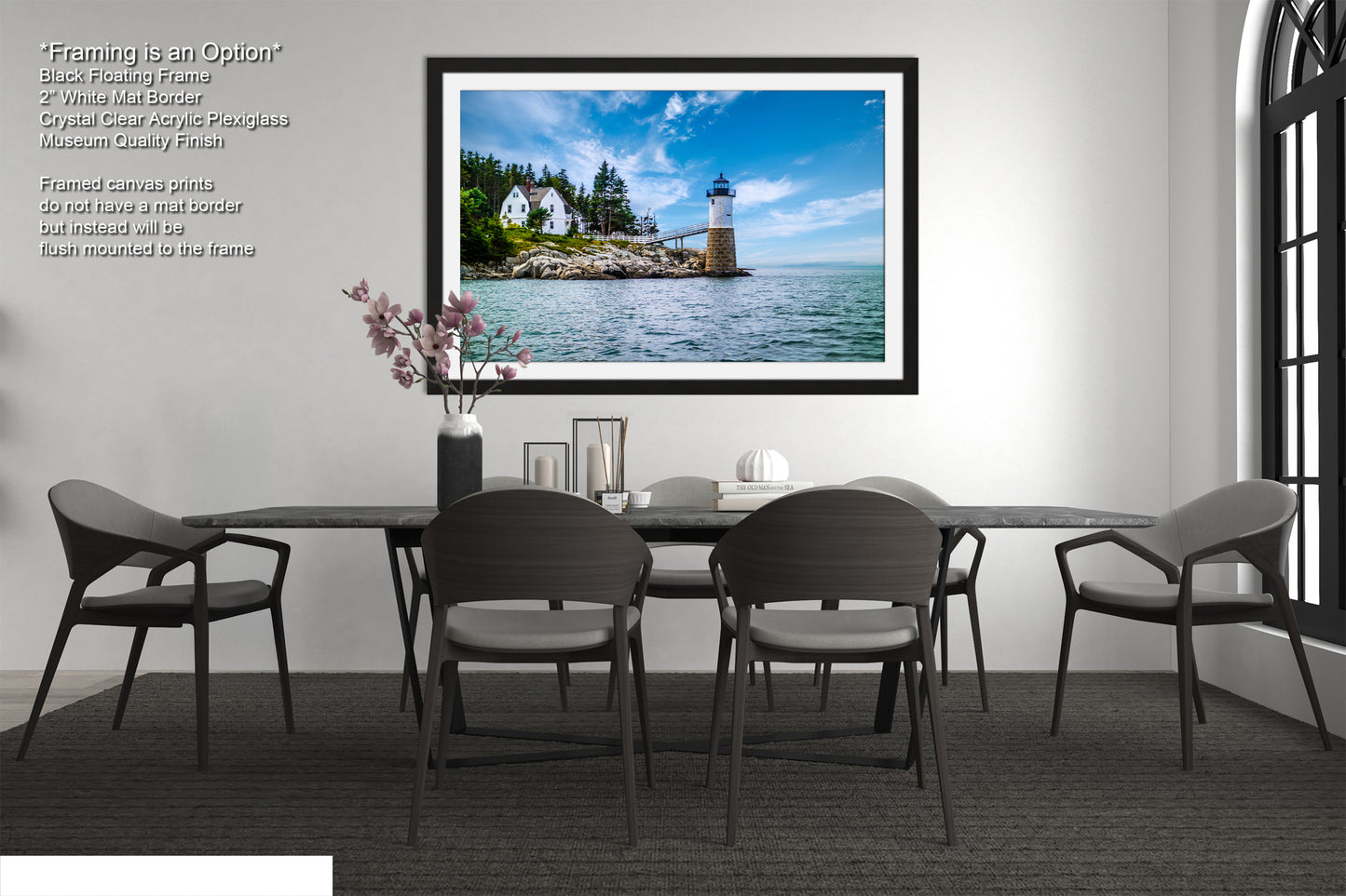 a dining room with a table and chairs and a picture hanging on the wall