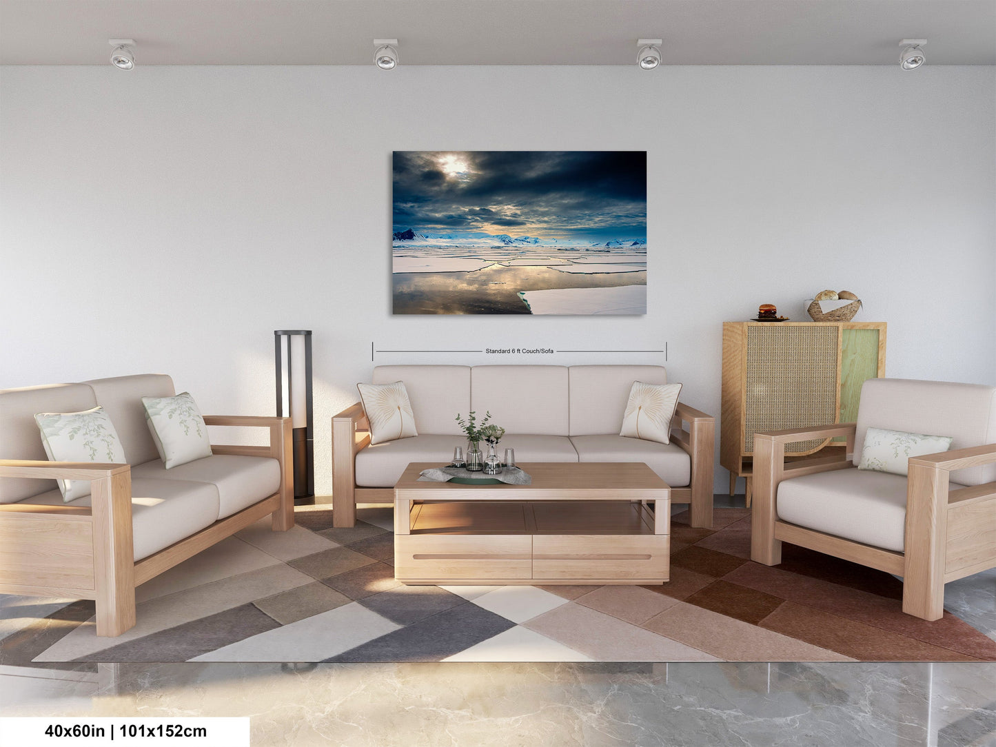 a living room filled with furniture and a painting on the wall