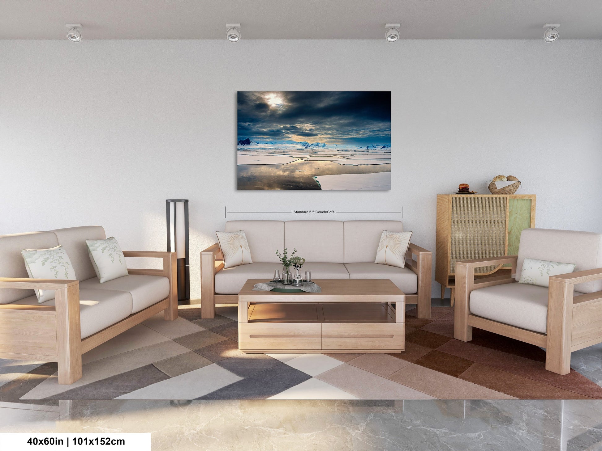 a living room filled with furniture and a painting on the wall