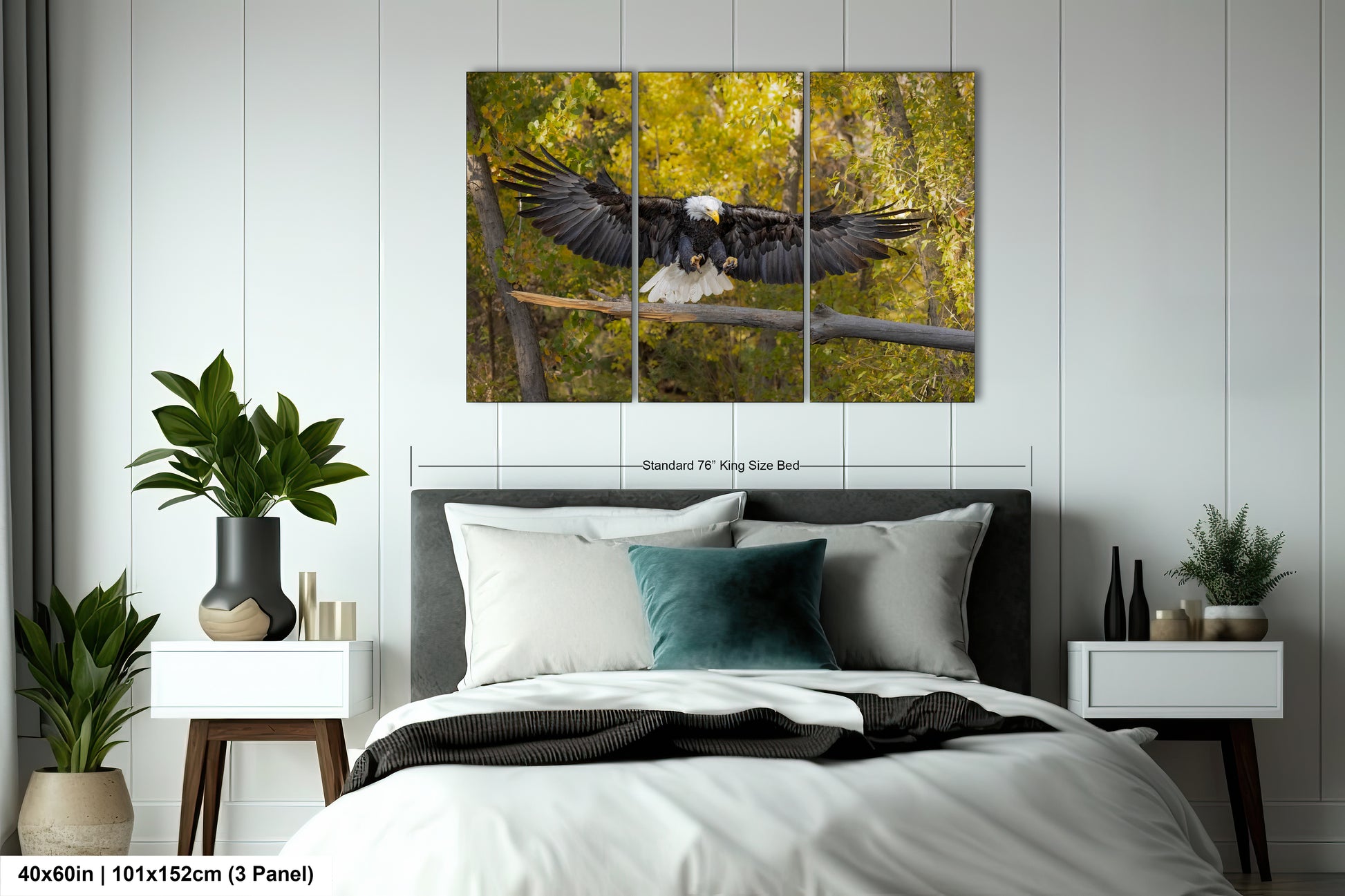 a large bird flying over a bed in a bedroom