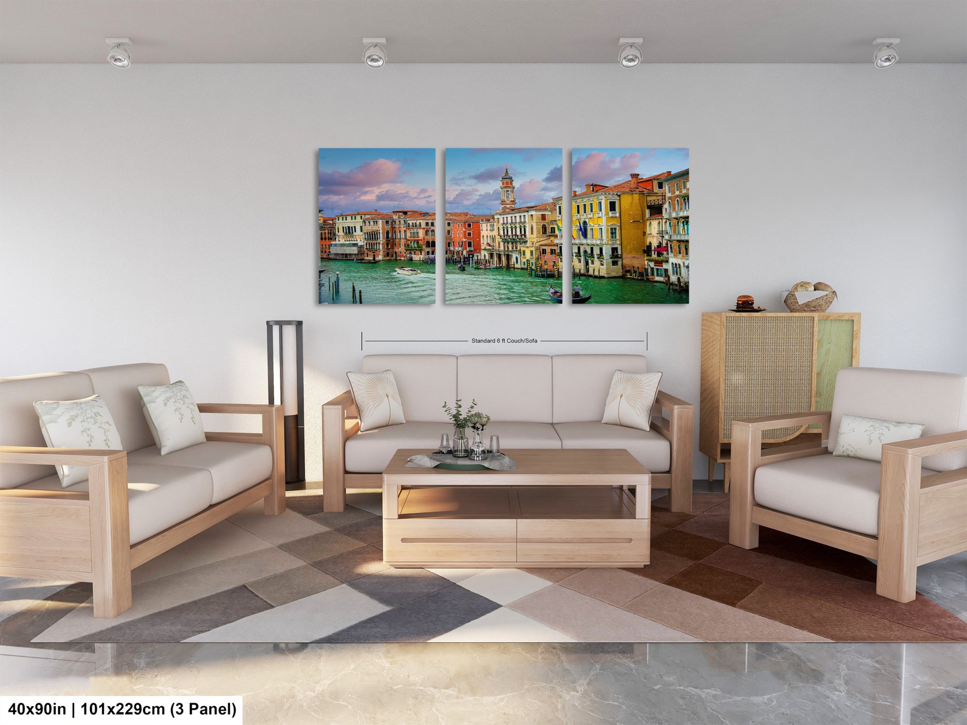 a living room filled with furniture and a painting on the wall