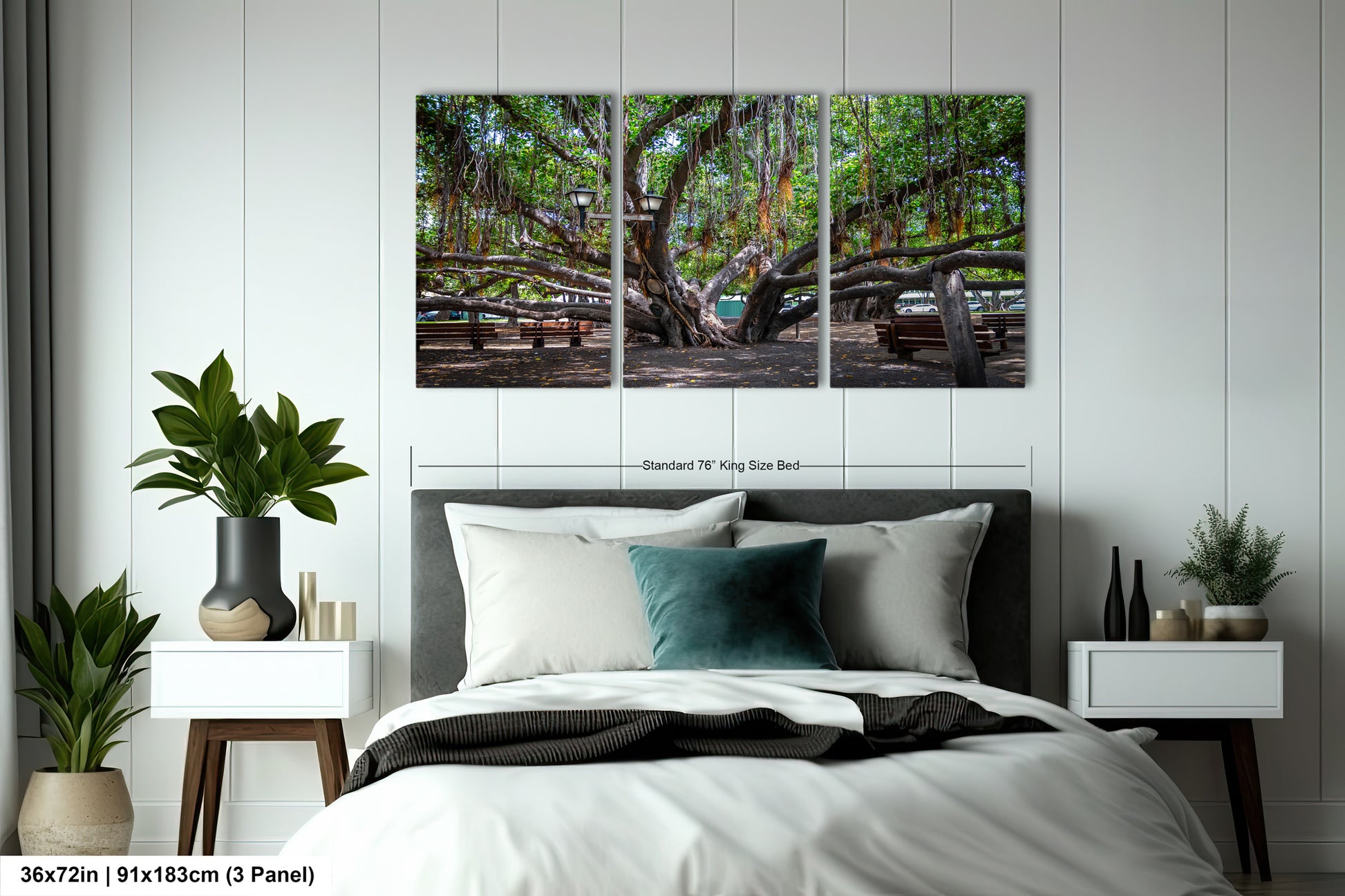 a bed room with a neatly made bed and two paintings on the wall