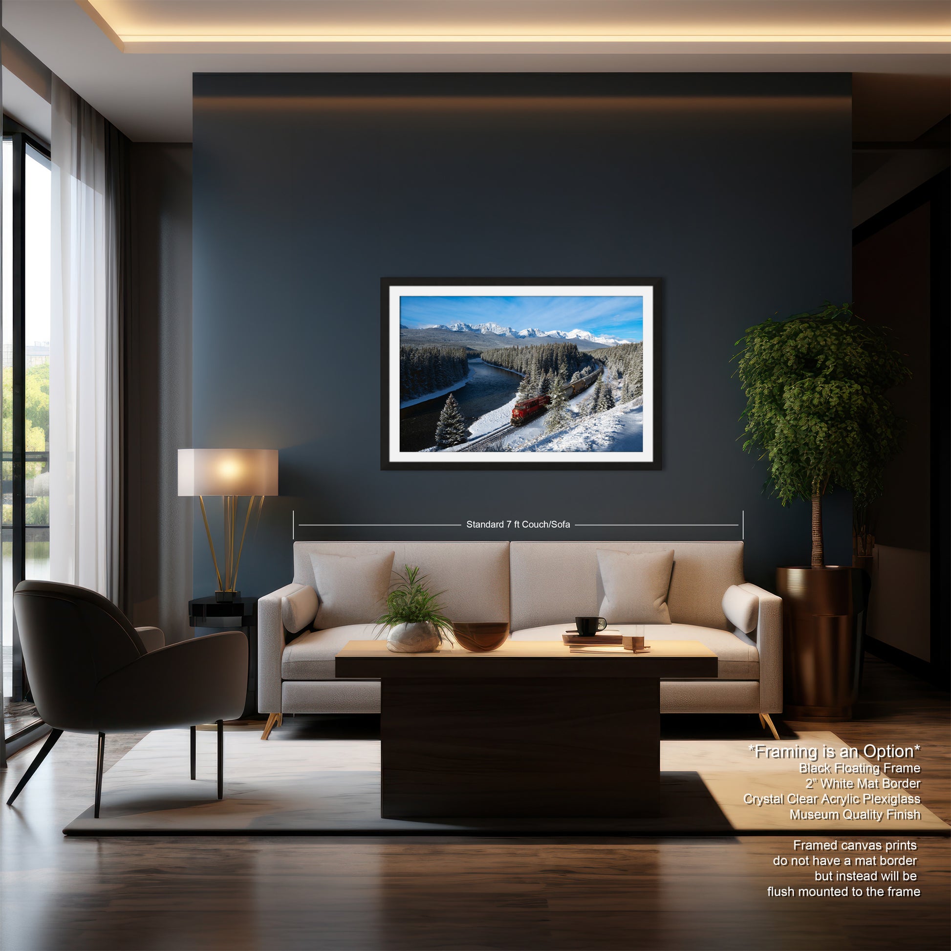 a modern living room with a large framed landscape painting hanging on the wall, a white sofa, a wooden coffee table, and a large window overlooking a scenic mountain landscape.