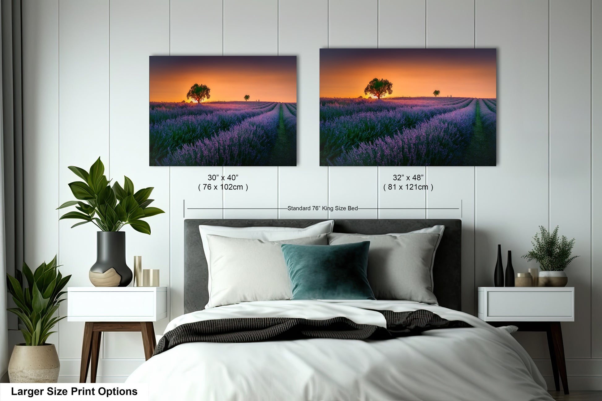 a bedroom with a bed and two pictures on the wall