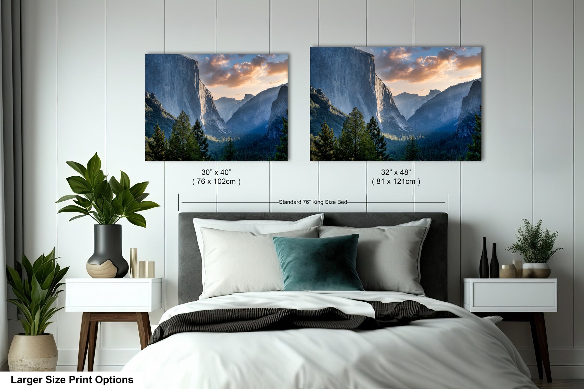 a bedroom with a bed and two pictures on the wall