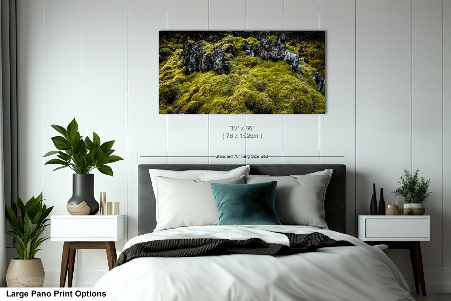 a bedroom with a large bed and a painting on the wall