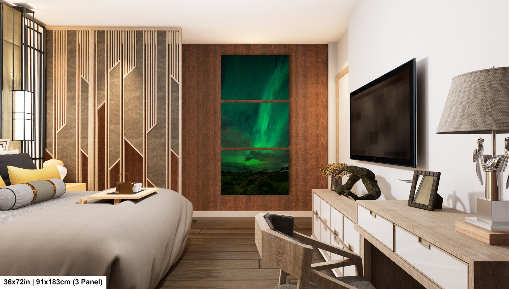 a modern bedroom with a large bed, a wooden dresser, and a large window with a view of the night sky. The room has a minimalist and contemporary design, with a large wall art piece featuring a green and blue color scheme.
