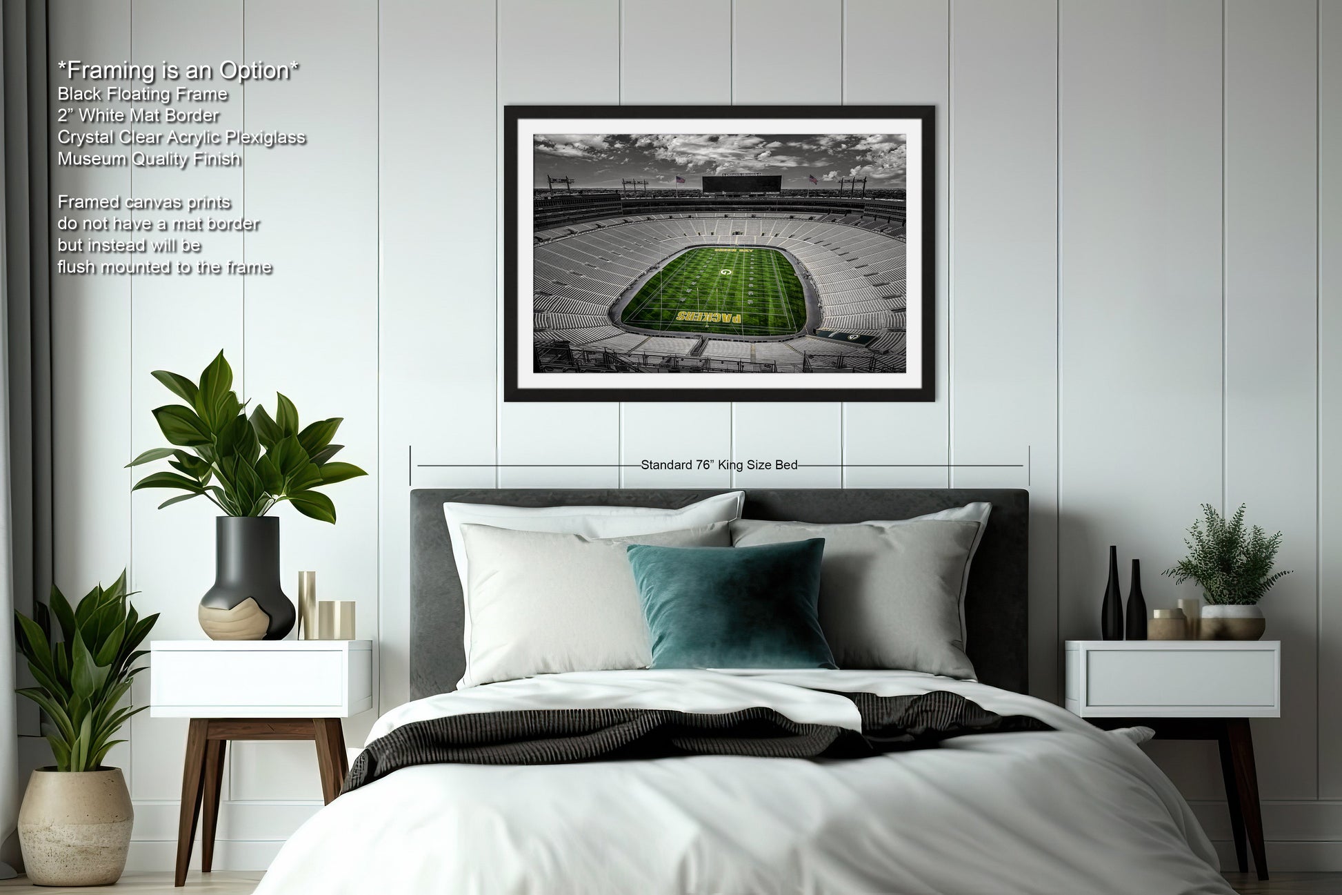 a bedroom with a bed and a picture of a football field