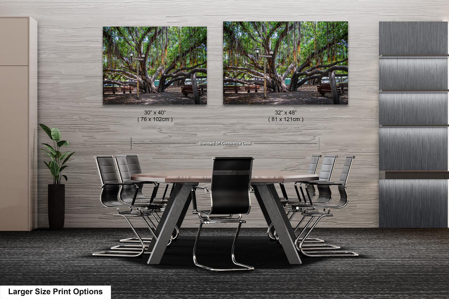 a dining room table with chairs and two pictures on the wall