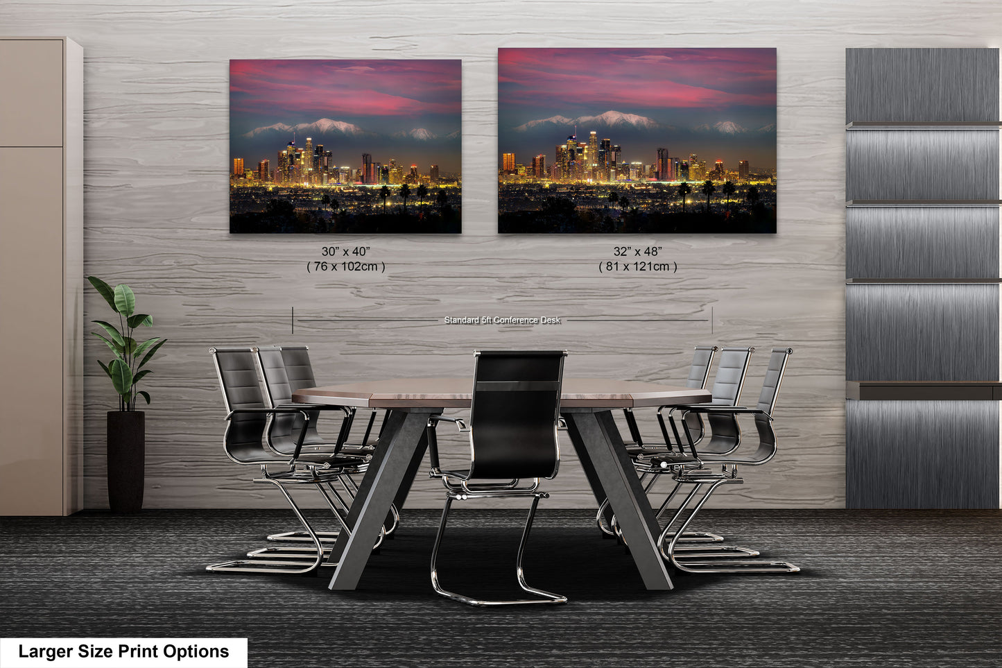 a dining room table with chairs and a picture of a city