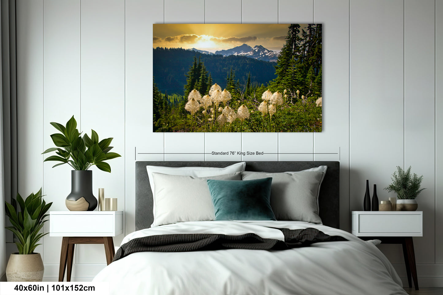 a bedroom with a large bed and a painting on the wall
