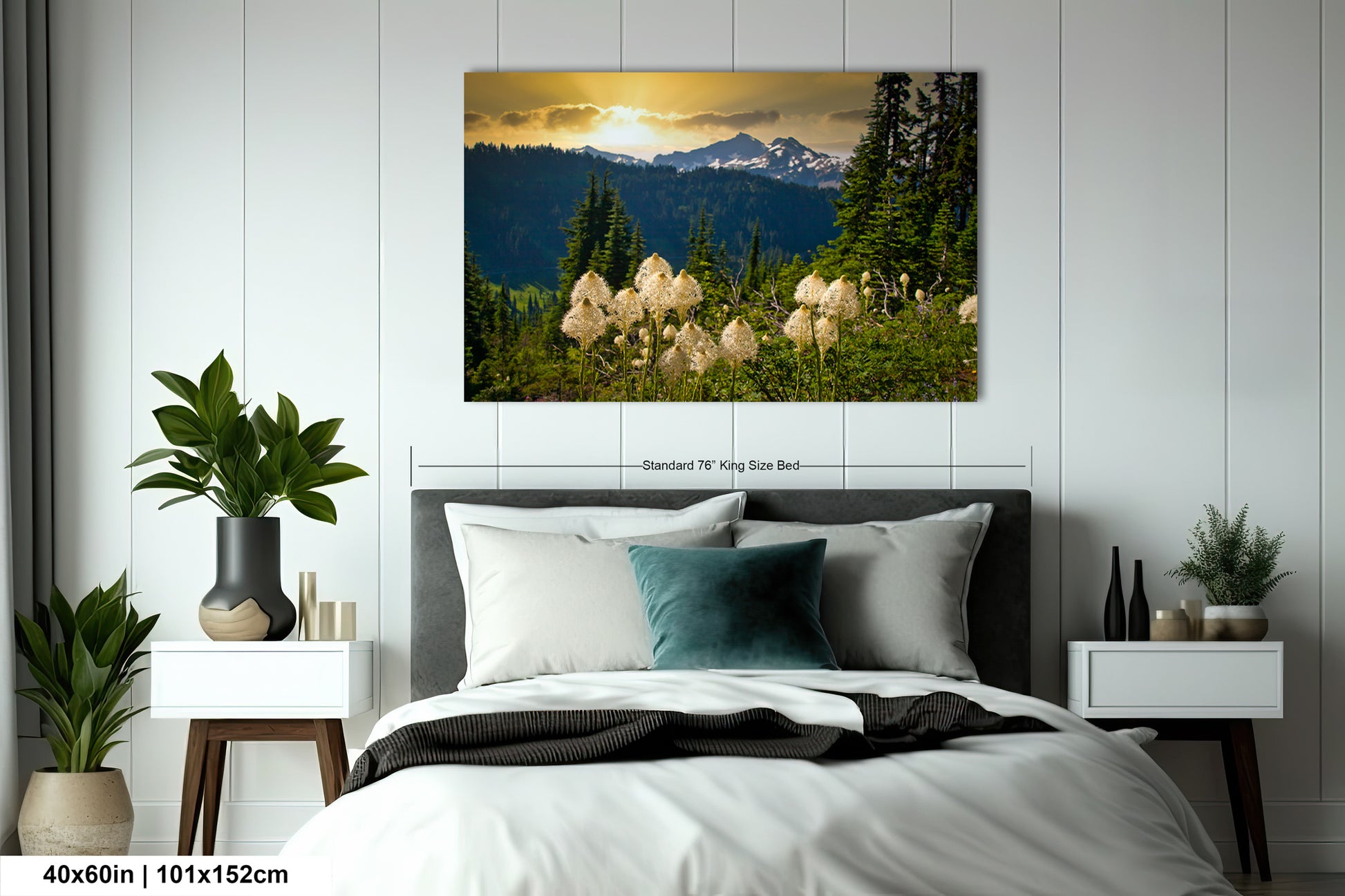 a bedroom with a large bed and a painting on the wall