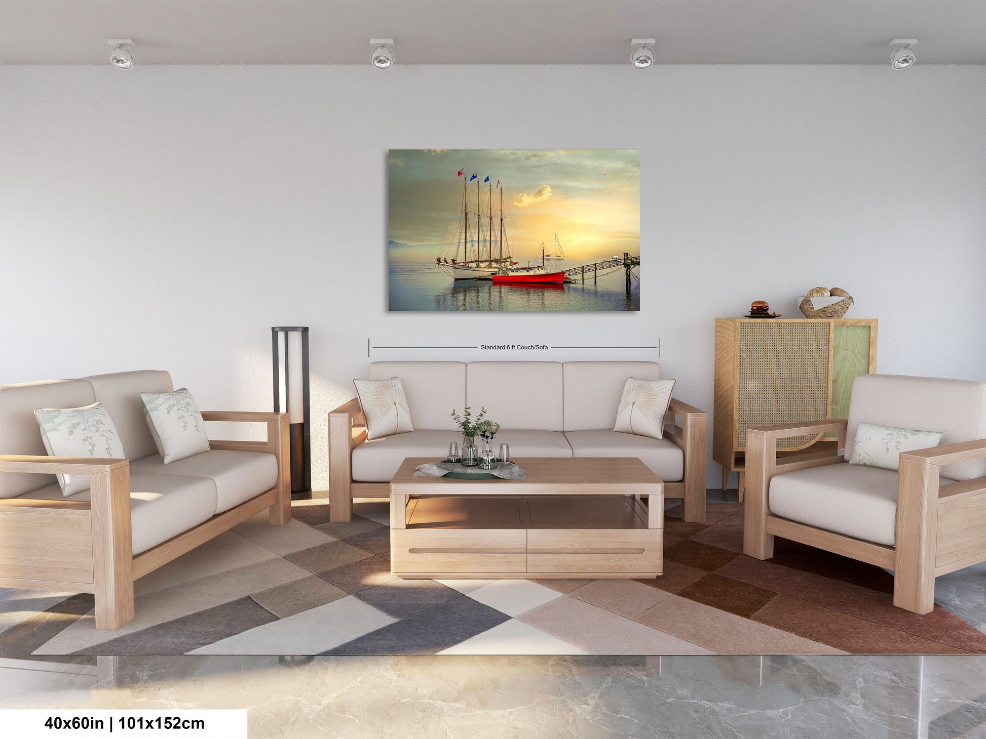 a living room filled with furniture and a painting on the wall