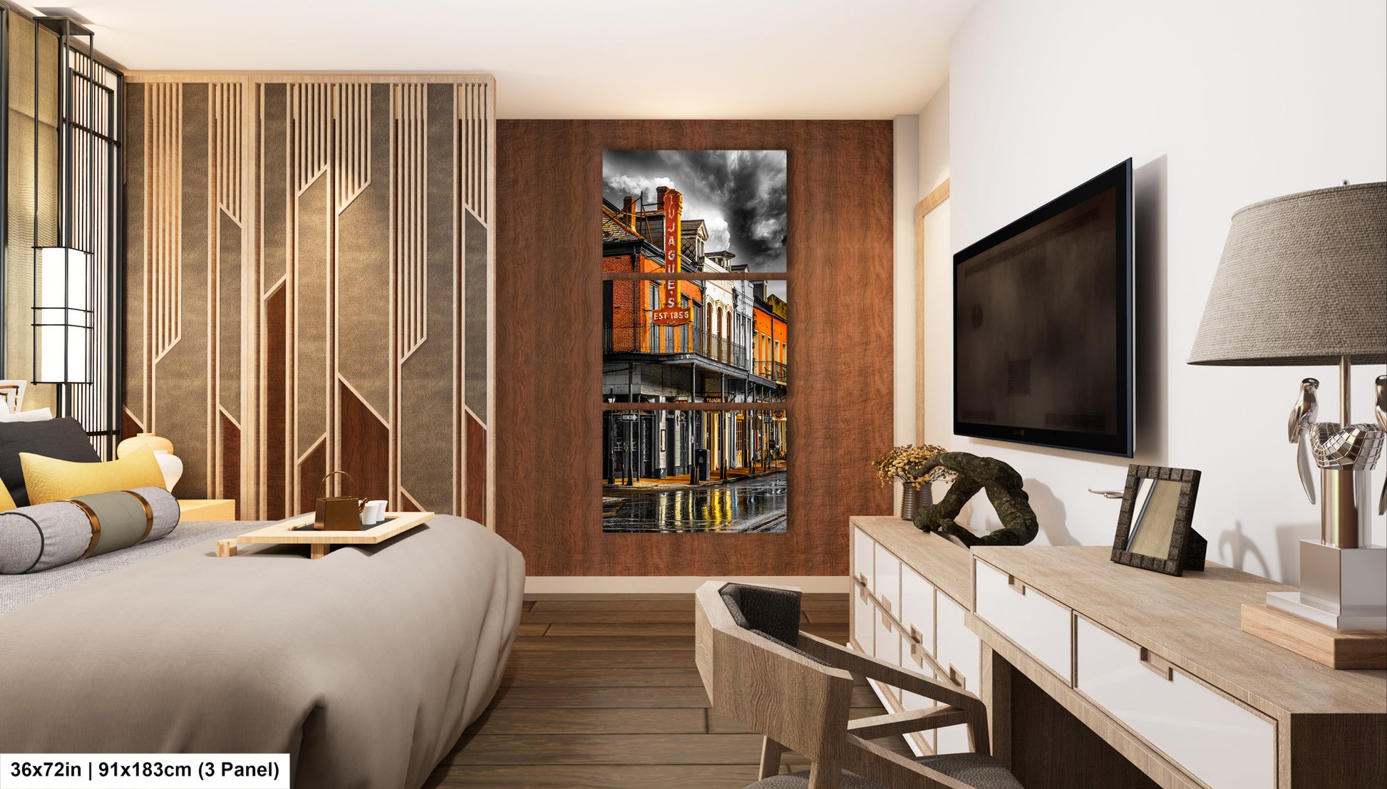 a bed room with a neatly made bed and a flat screen tv