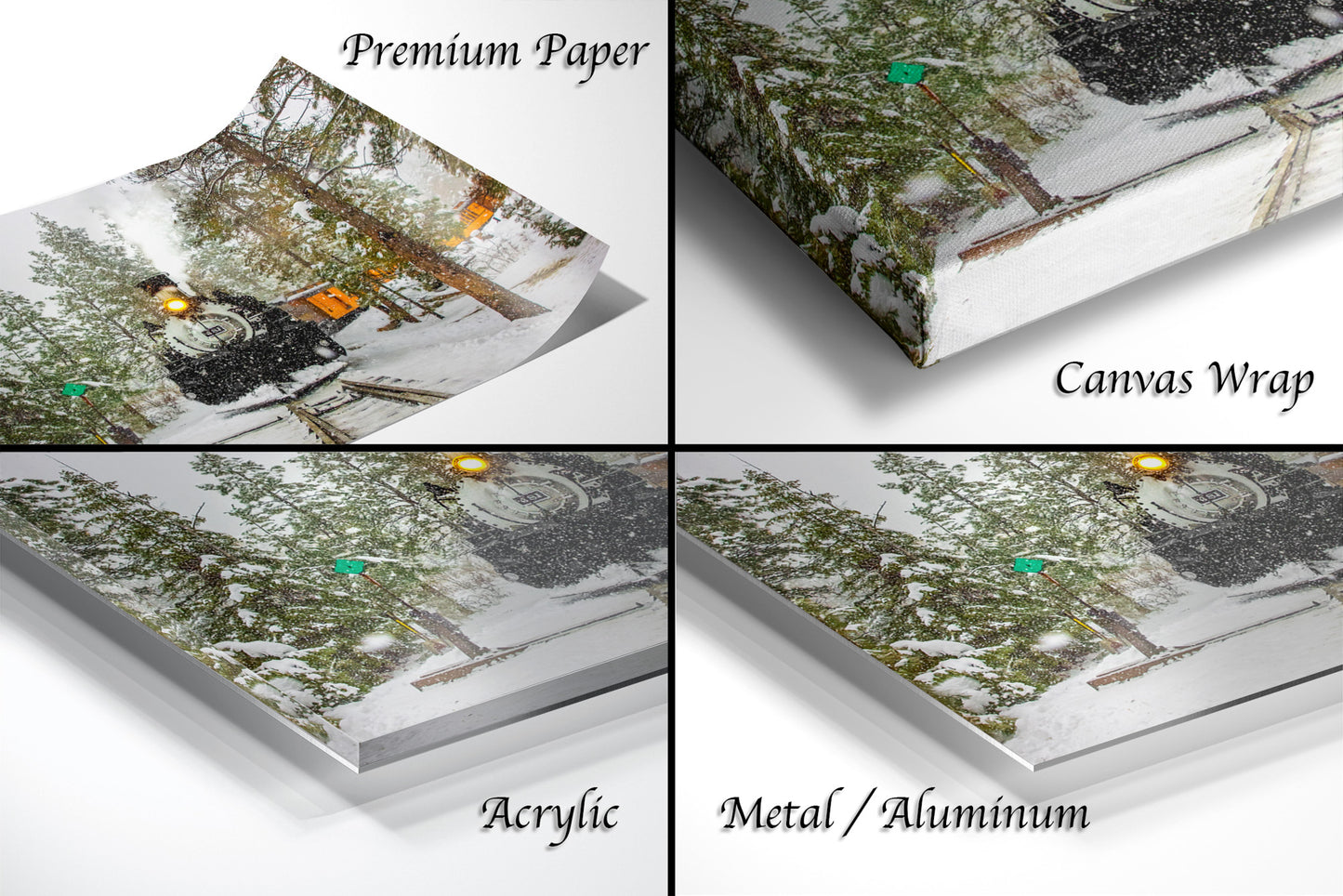 a series of four photos of a snow covered forest
