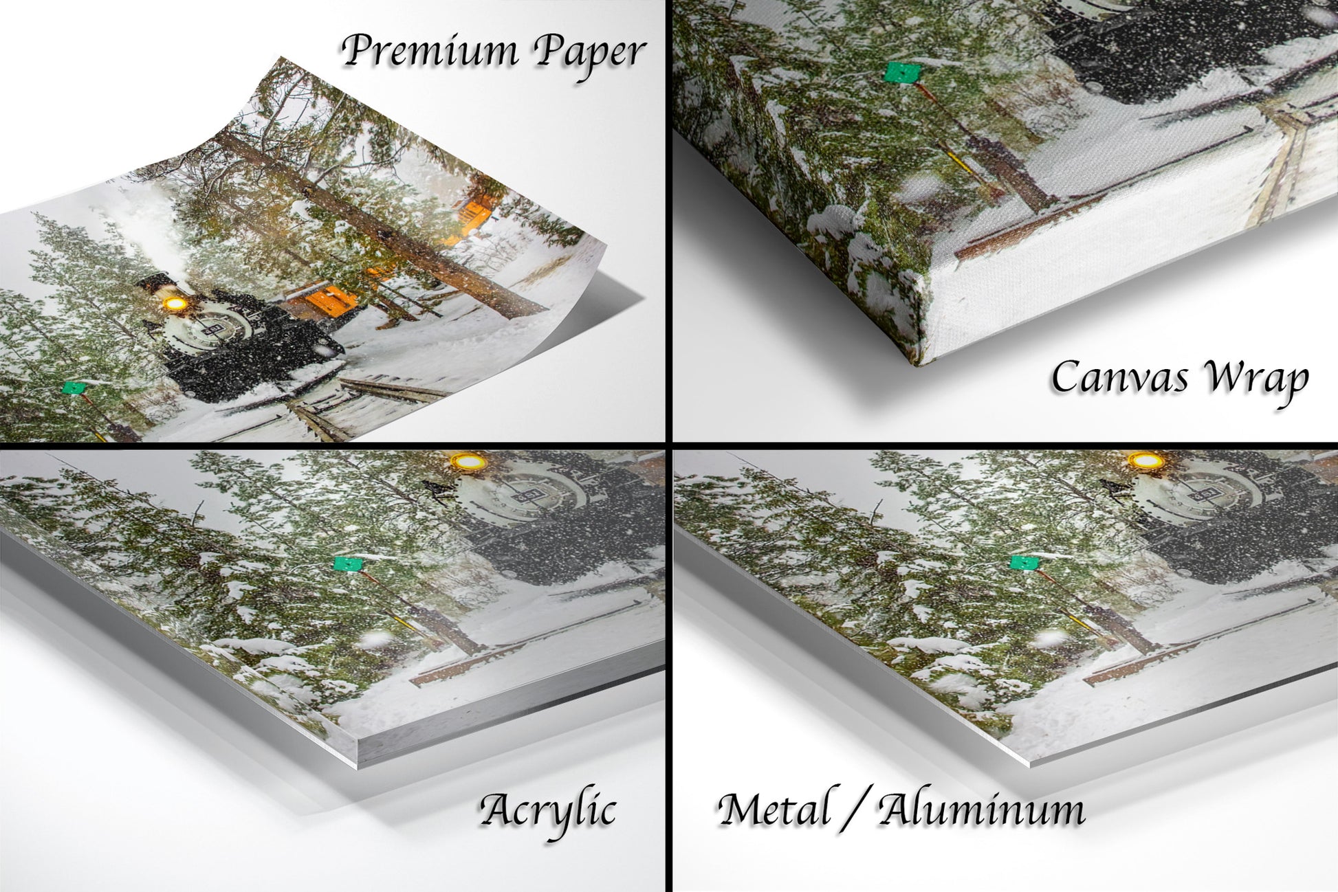 a series of four photos of a snow covered forest