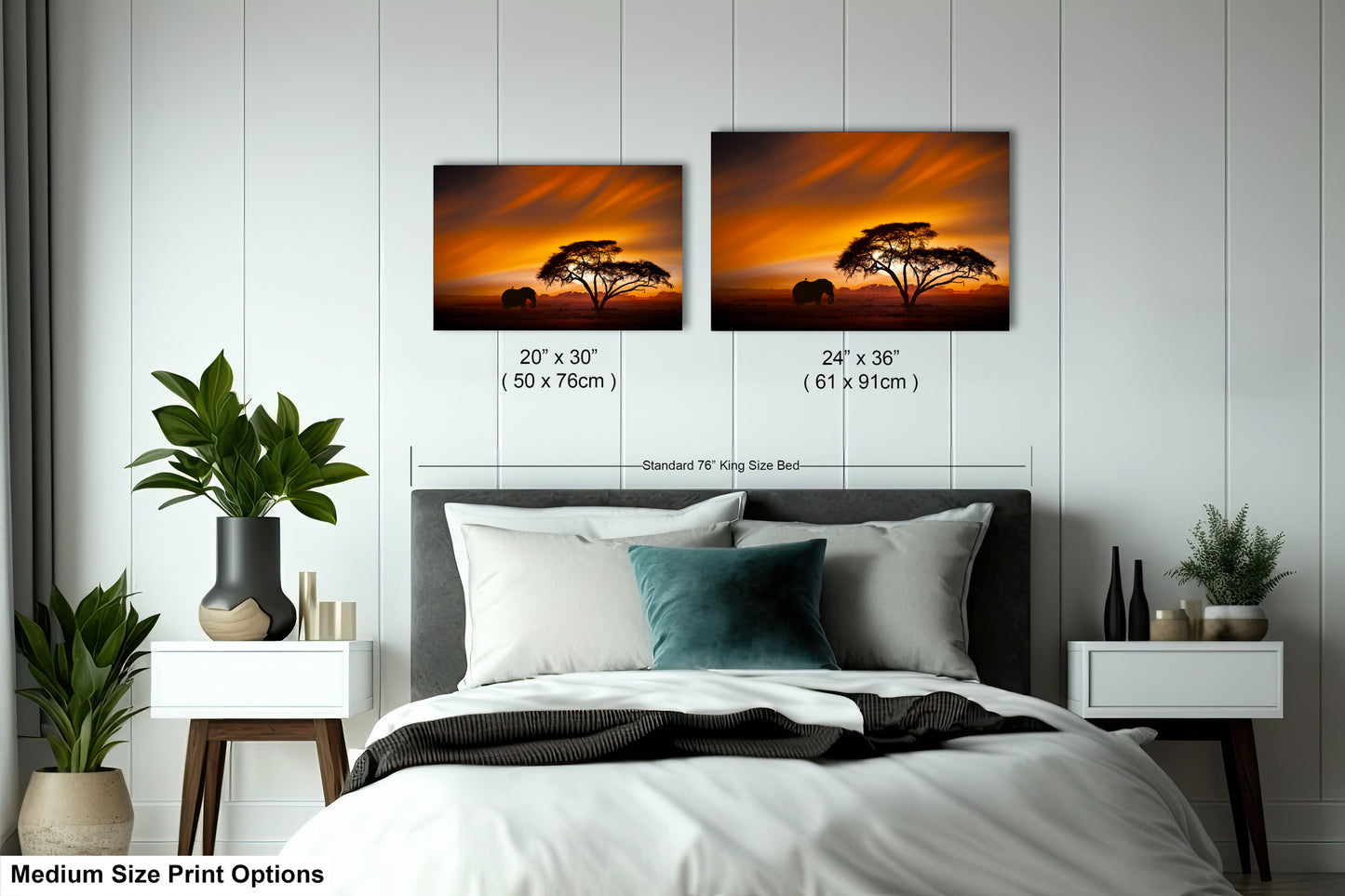a bedroom with a bed and two pictures on the wall