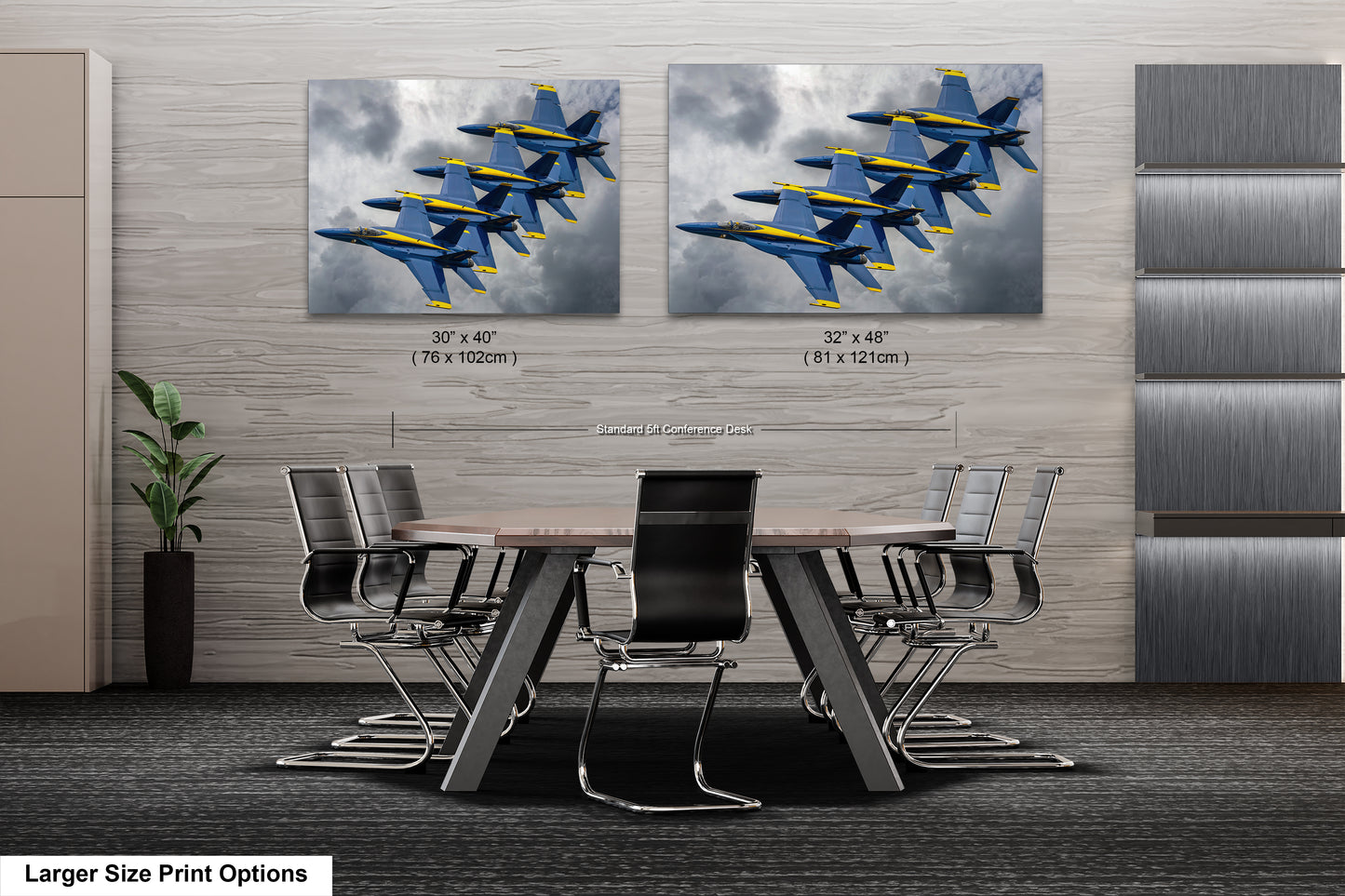 a dining room table with chairs and two pictures of fighter jets