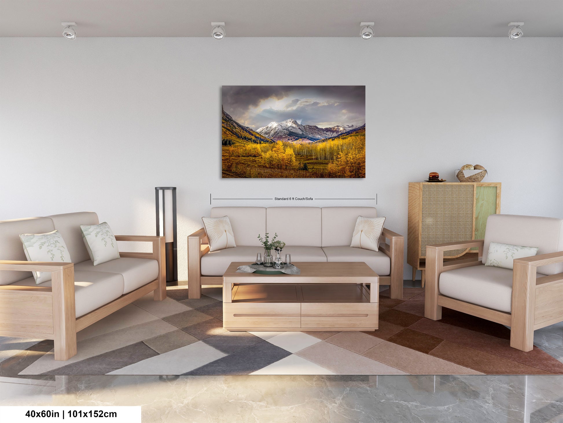 a living room filled with furniture and a painting on the wall