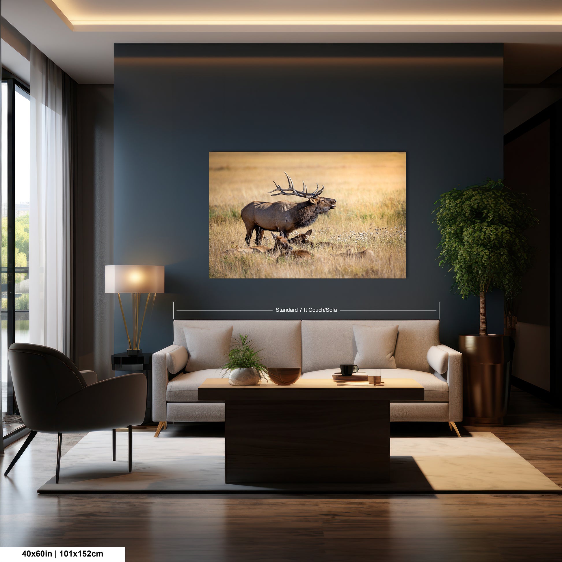 a living room filled with furniture and a painting on the wall