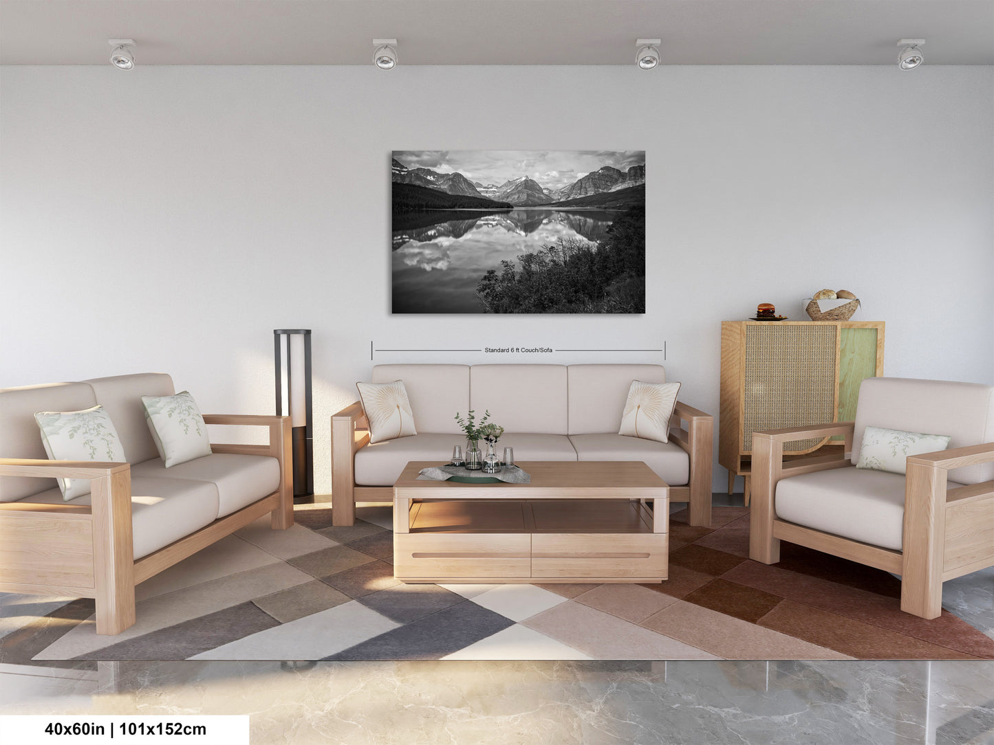 a living room filled with furniture and a painting on the wall