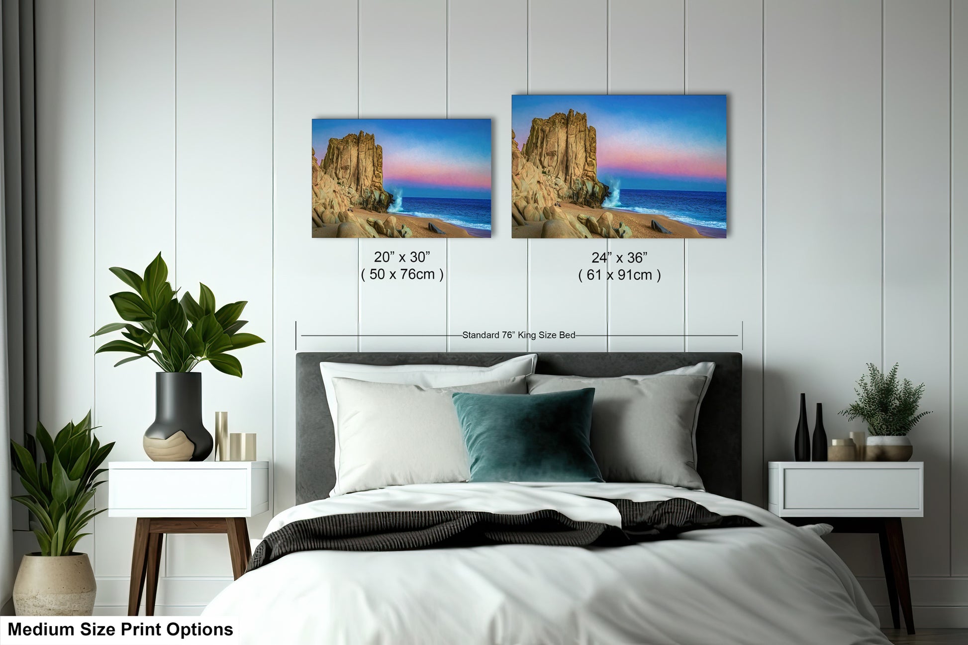 a bedroom with a bed and two pictures on the wall