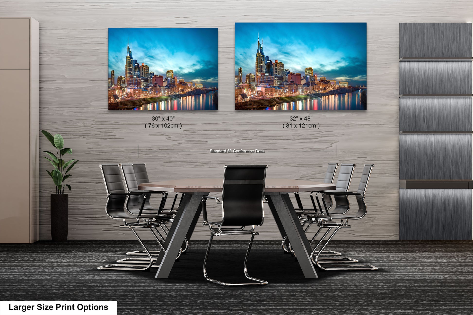 a dining room table with chairs and a picture of a city
