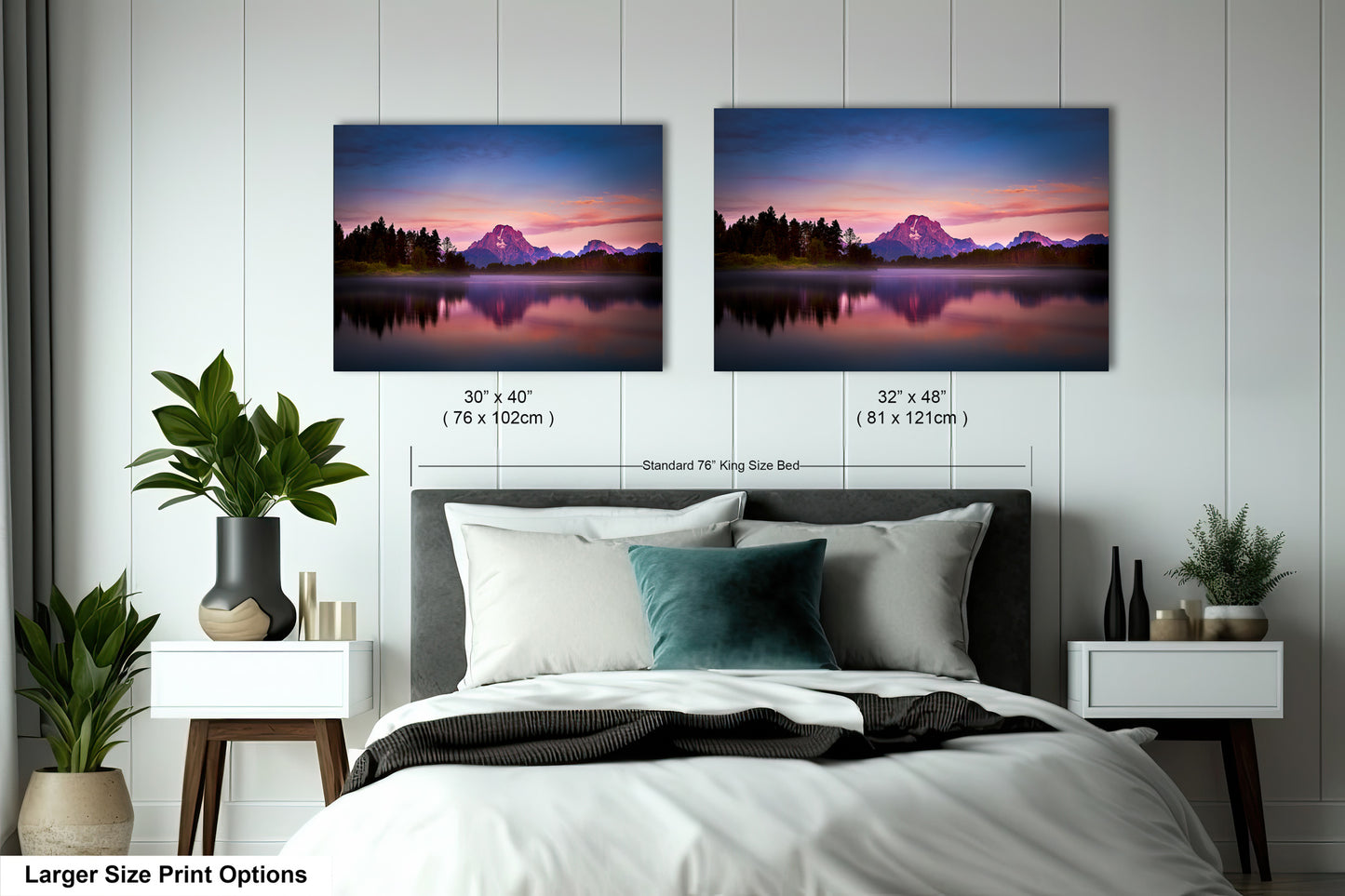 a bedroom with a bed and two pictures on the wall